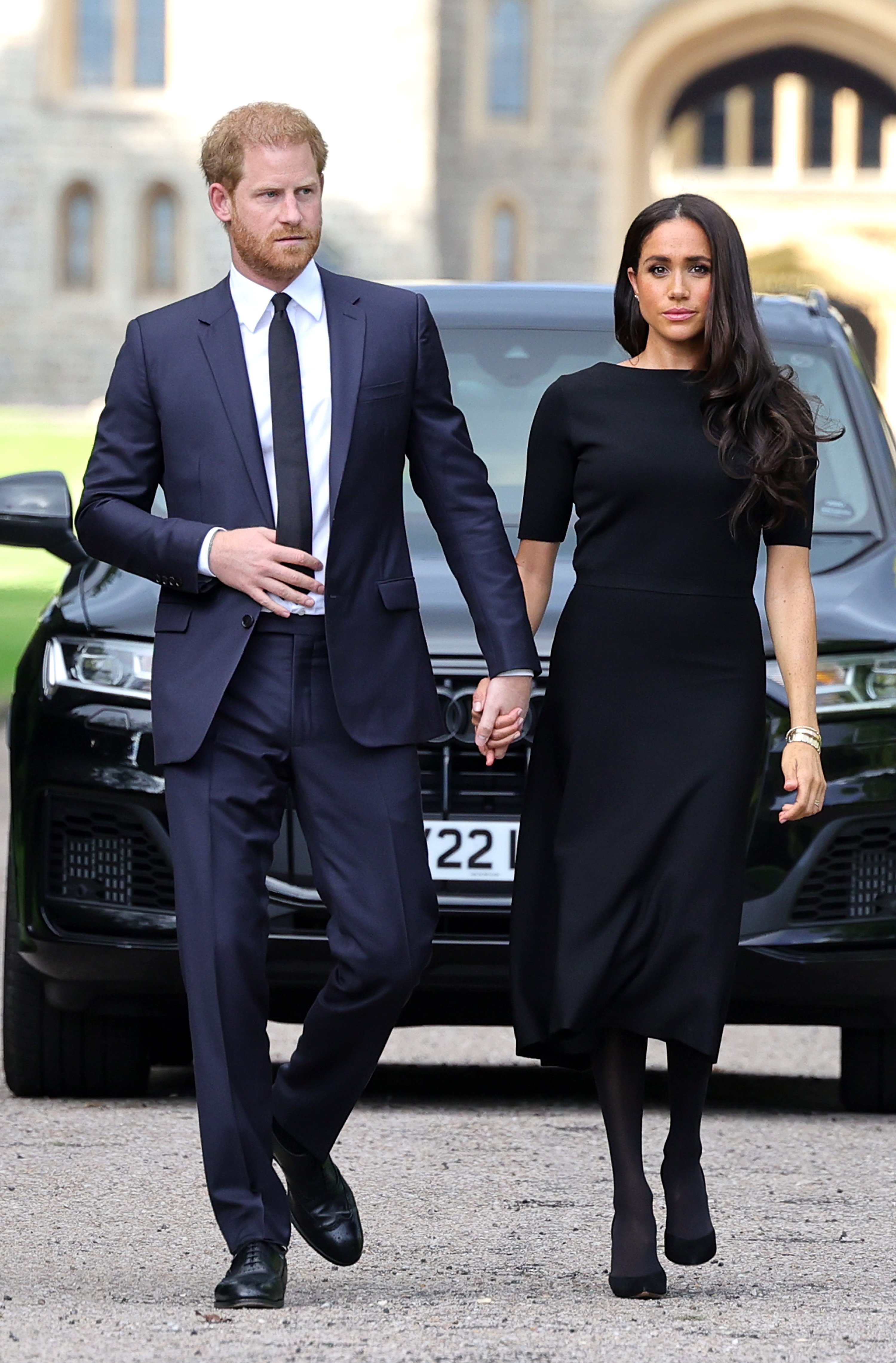 Prince Harry and Meghan arrive at Windsor Castle to view flowers and tributes to Queen Elizabeth II