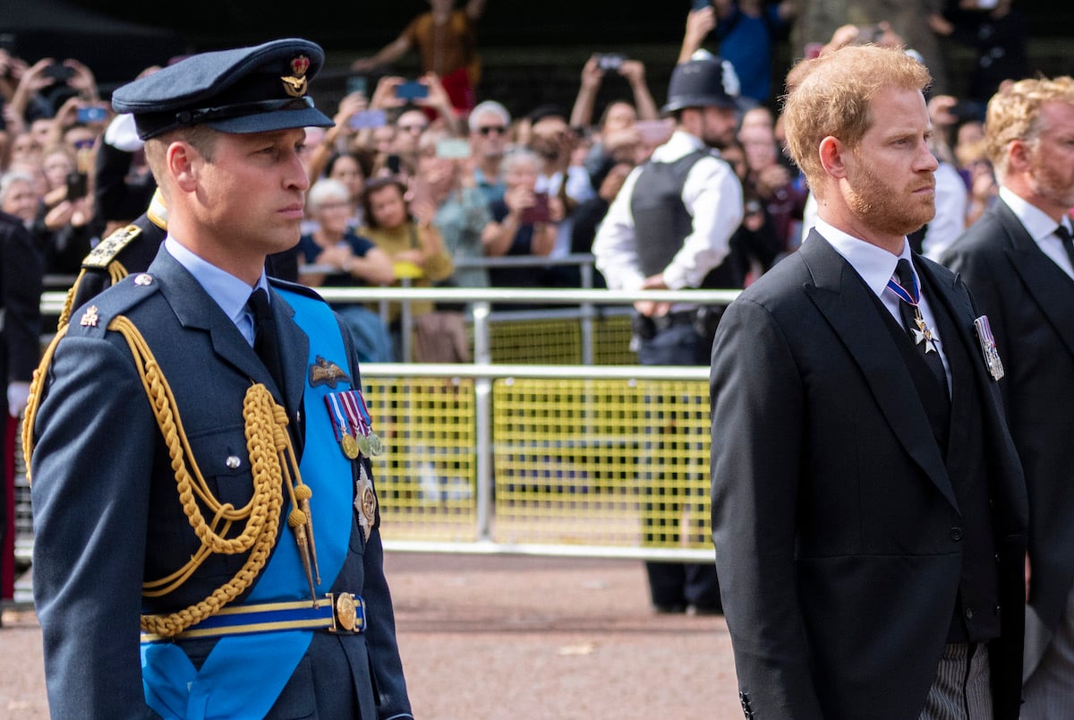 Prince William, who an expert isn't sure wants Prince Harry 'back into the fold,' walks near Prince Harry in Queen Elizabeth's coffin procession to Westminster Hall on Sept. 14, 2022