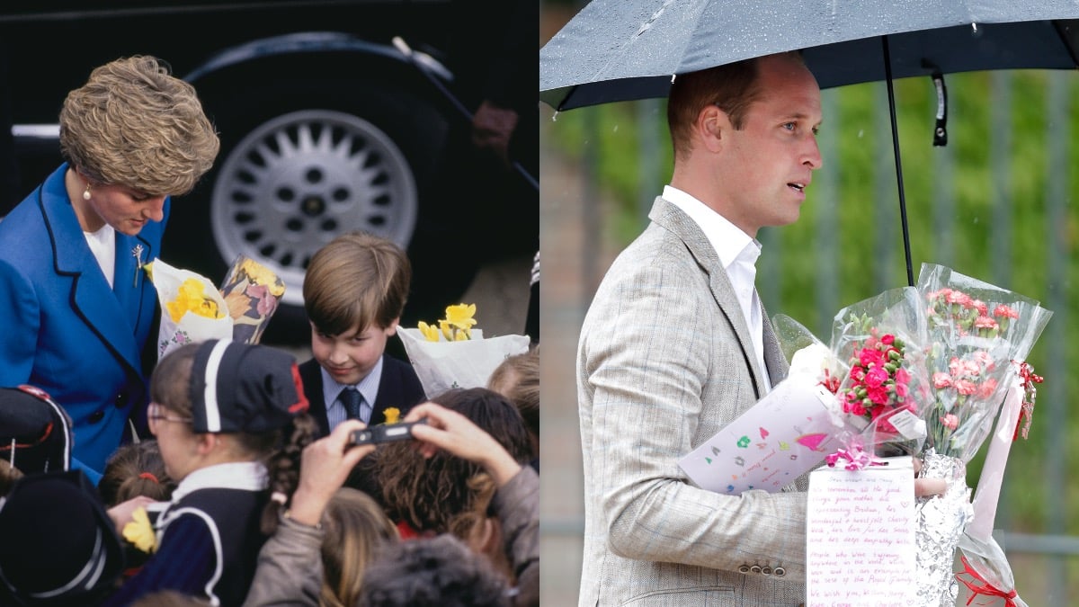 (L) Princess Diana and Prince William in 1991 (R) Prince William receives flowers in tribute to Princess Diana in 2017