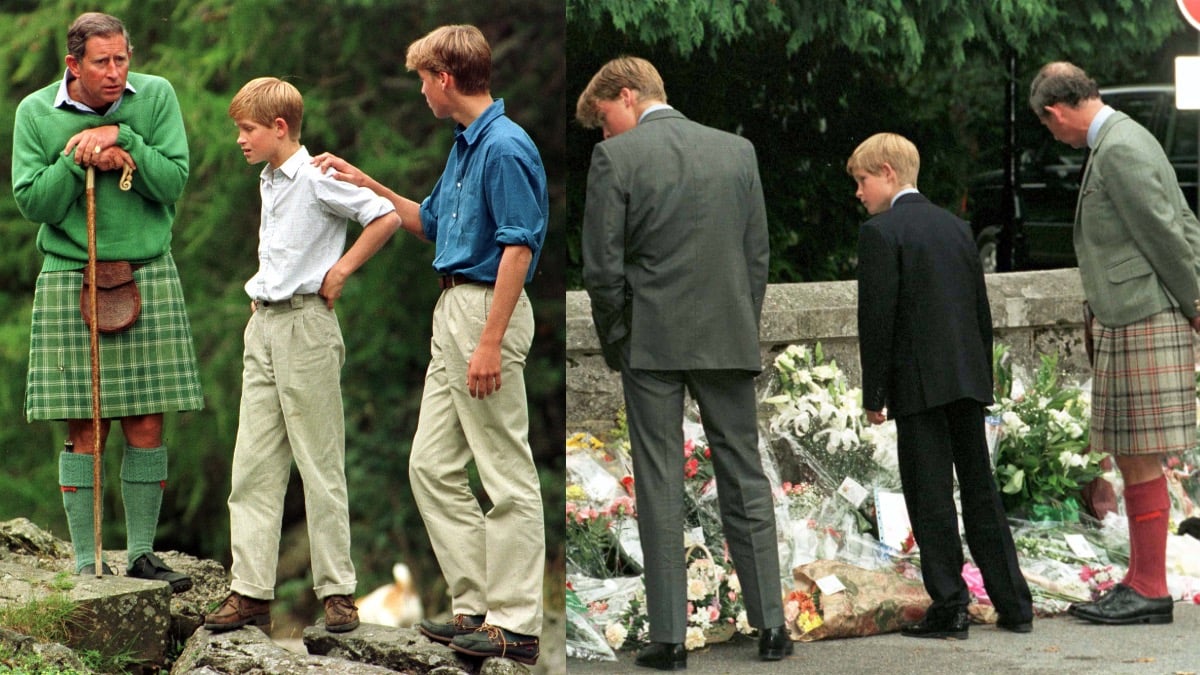 (L) King Charles, Prince Harry, and Prince William above the Falls of Muick on the Balmoral estate in Scotland. (R) Prince William, Prince Harry, and King Charles outside the gates of Balmoral Castle looking at the floral tributes.