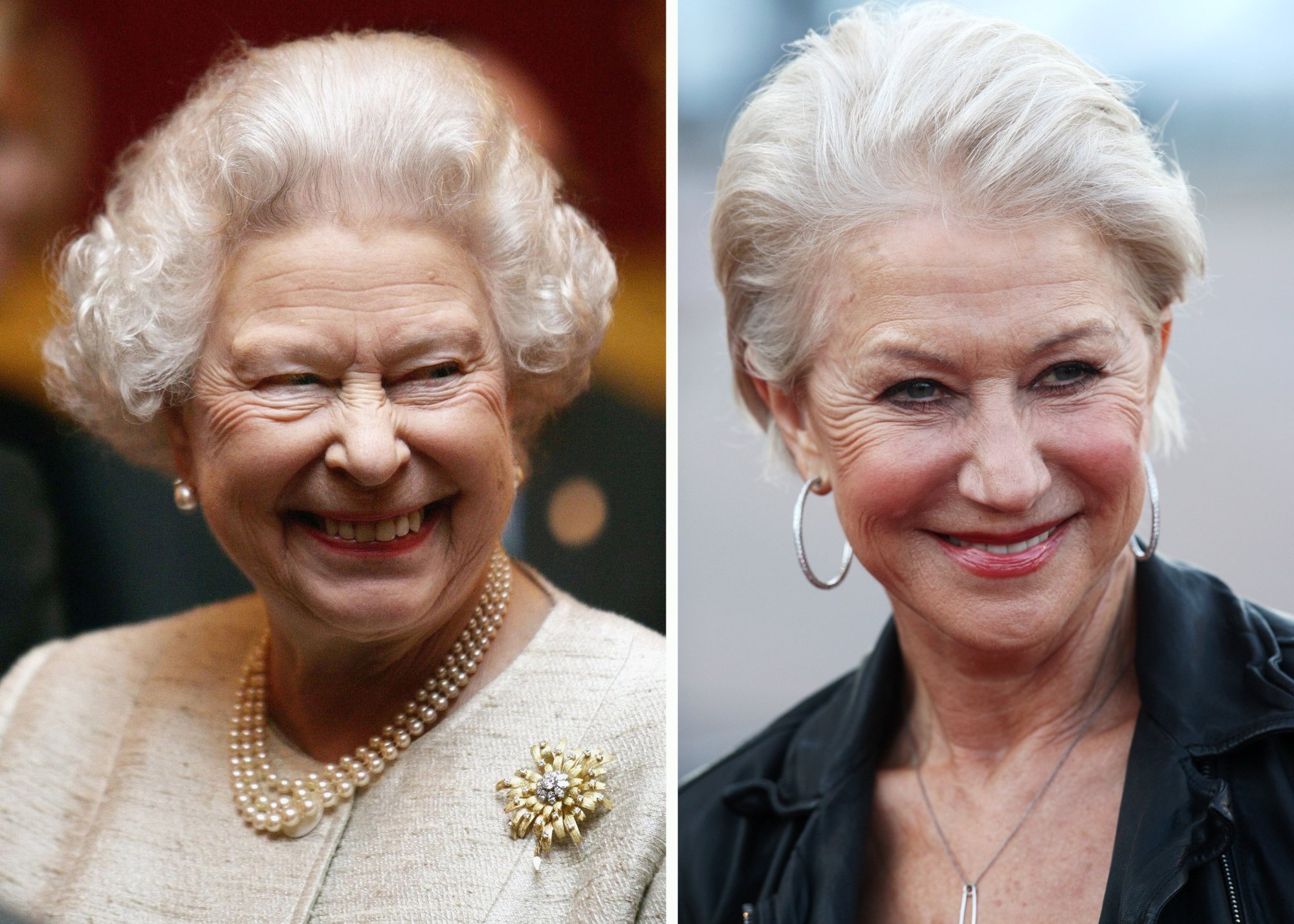 Queen Elizabeth II and 'The Queen' actor Dame Helen Mirren smiling in a composite image