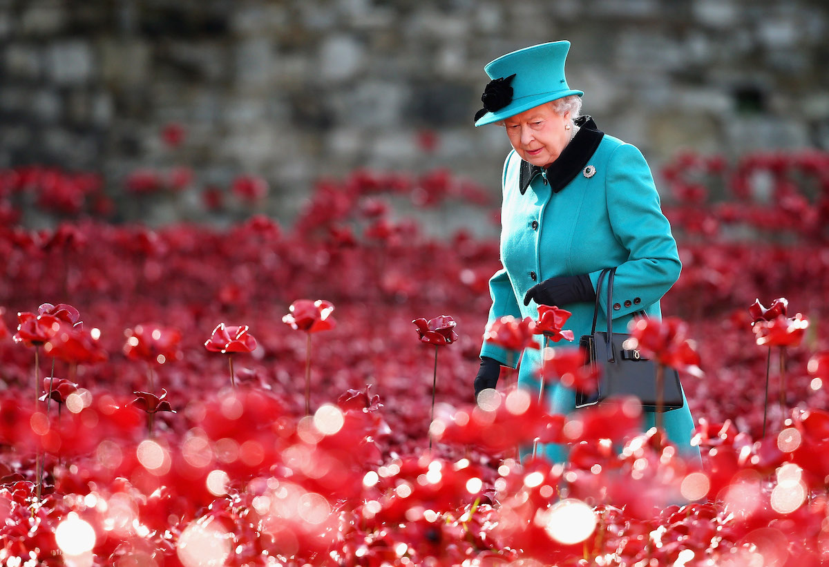 Queen Elizabeth, in a photo from her reign, looks at red poppies