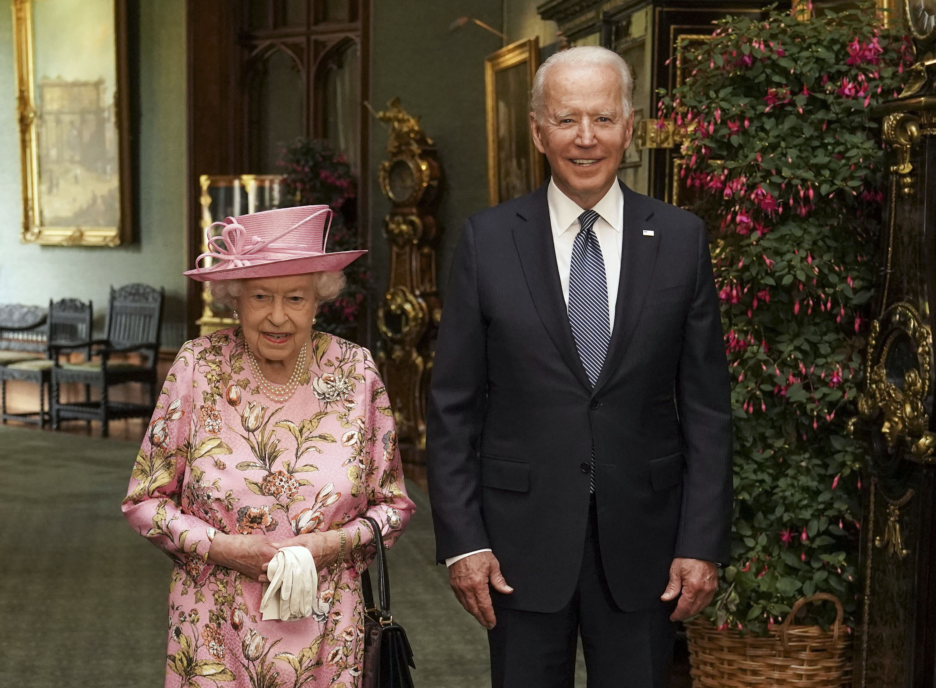 Queen Elizabeth II with U.S. President Joe Biden pose for photo in the Grand Corridor at Windsor Castle