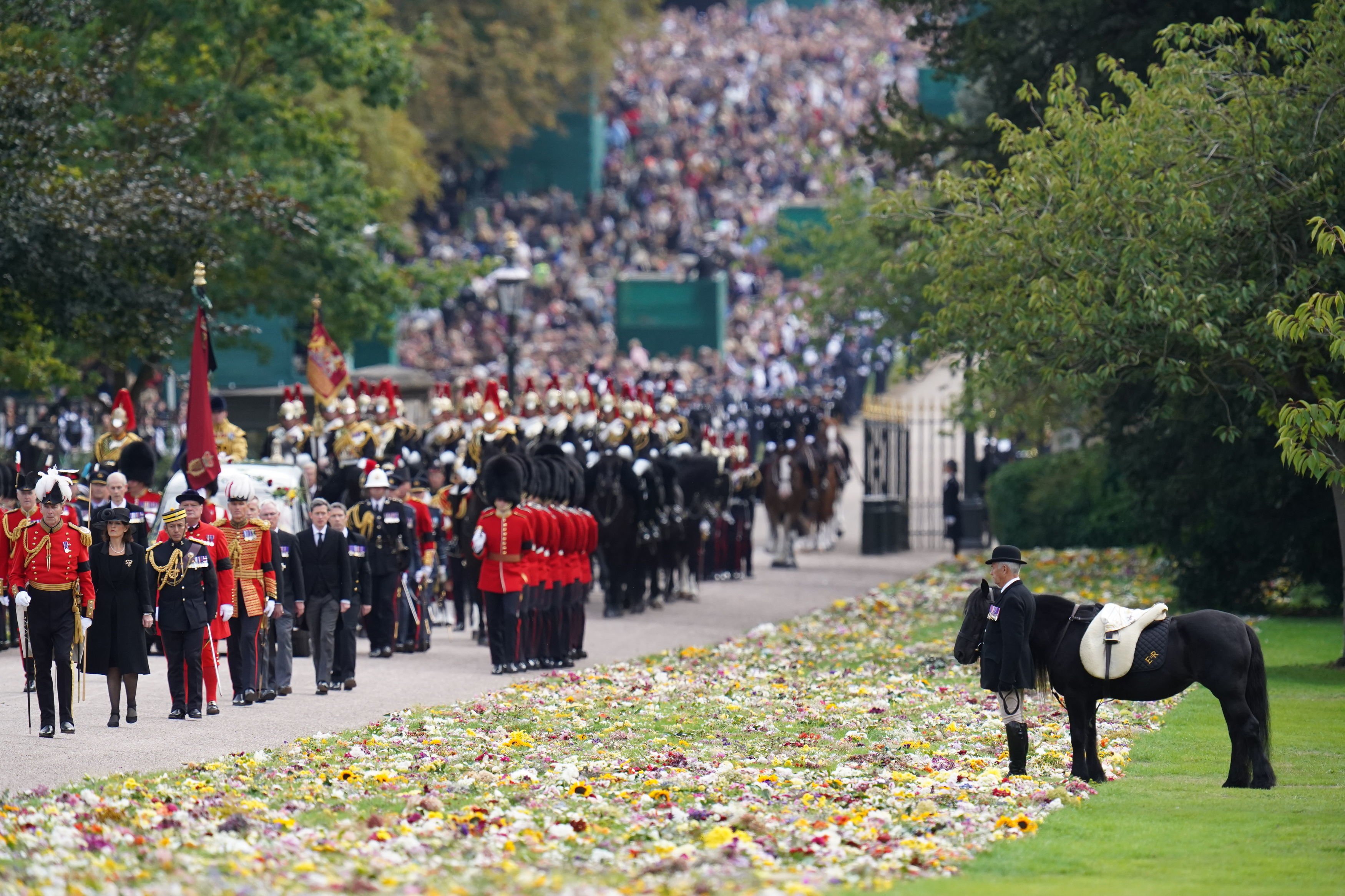 Queen Elizabeth II's pony, Emma, with head stud during the ceremonial procession of monarch's coffin at Windsor Castle