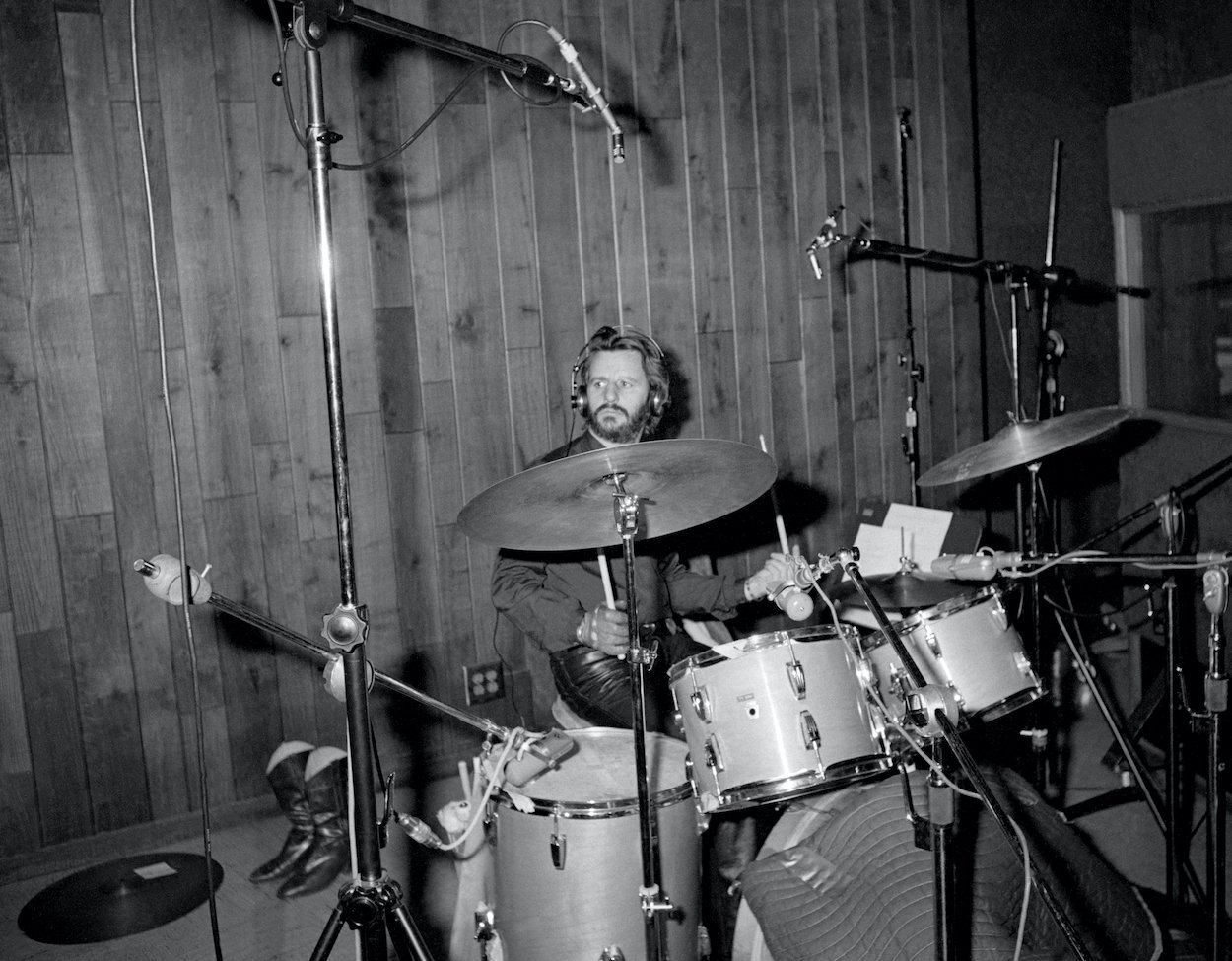 Ringo Starr, who in 2002 entered one hall of fame the other Beatles never will, plays drums during a 1985 recording session.