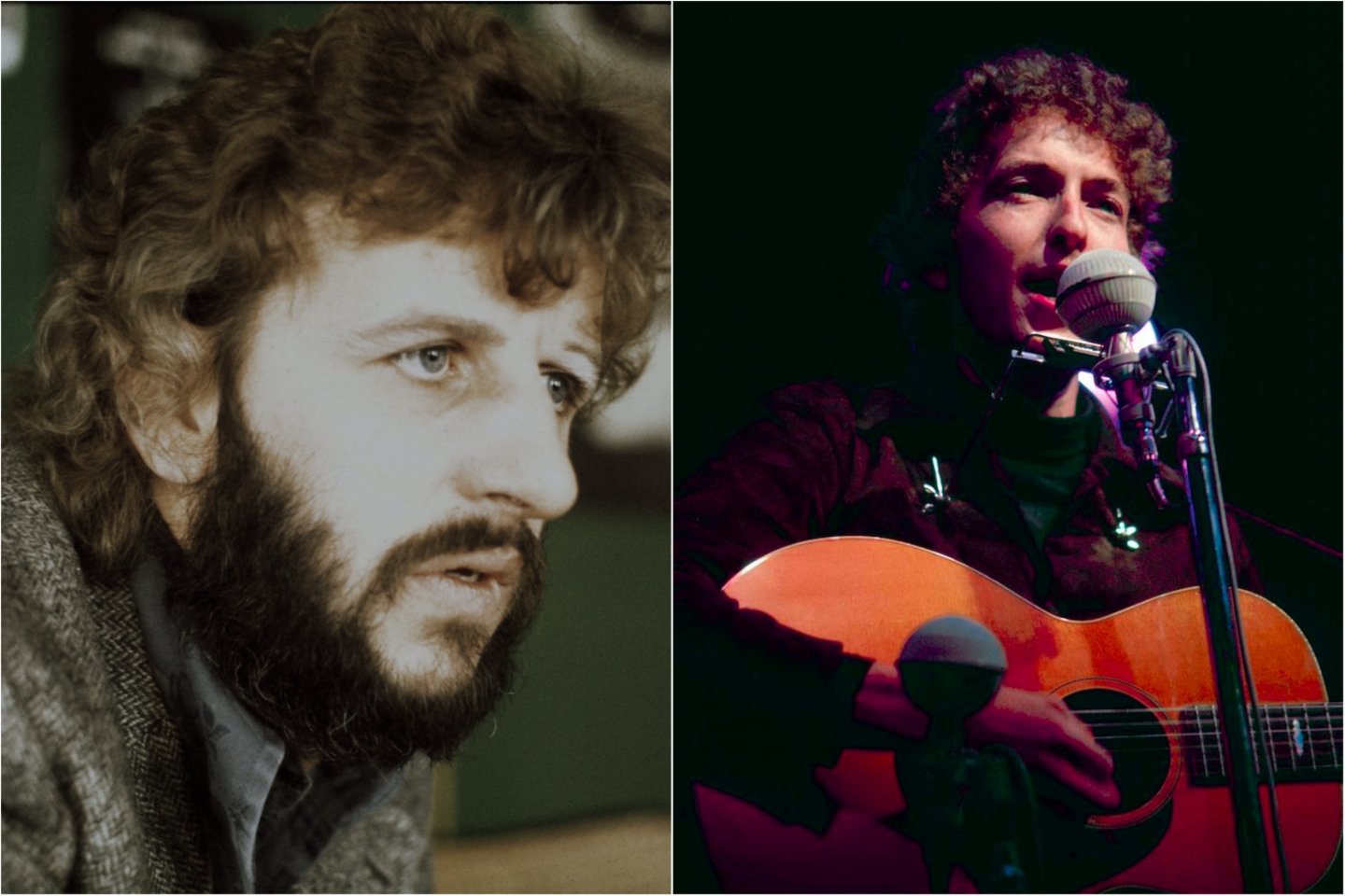 Ringo Starr (left) in 1973; Bob Dylan at the 1964 Newport Folk Festival. Ringo once set the record straight about The Beatles getting high with Dylan.