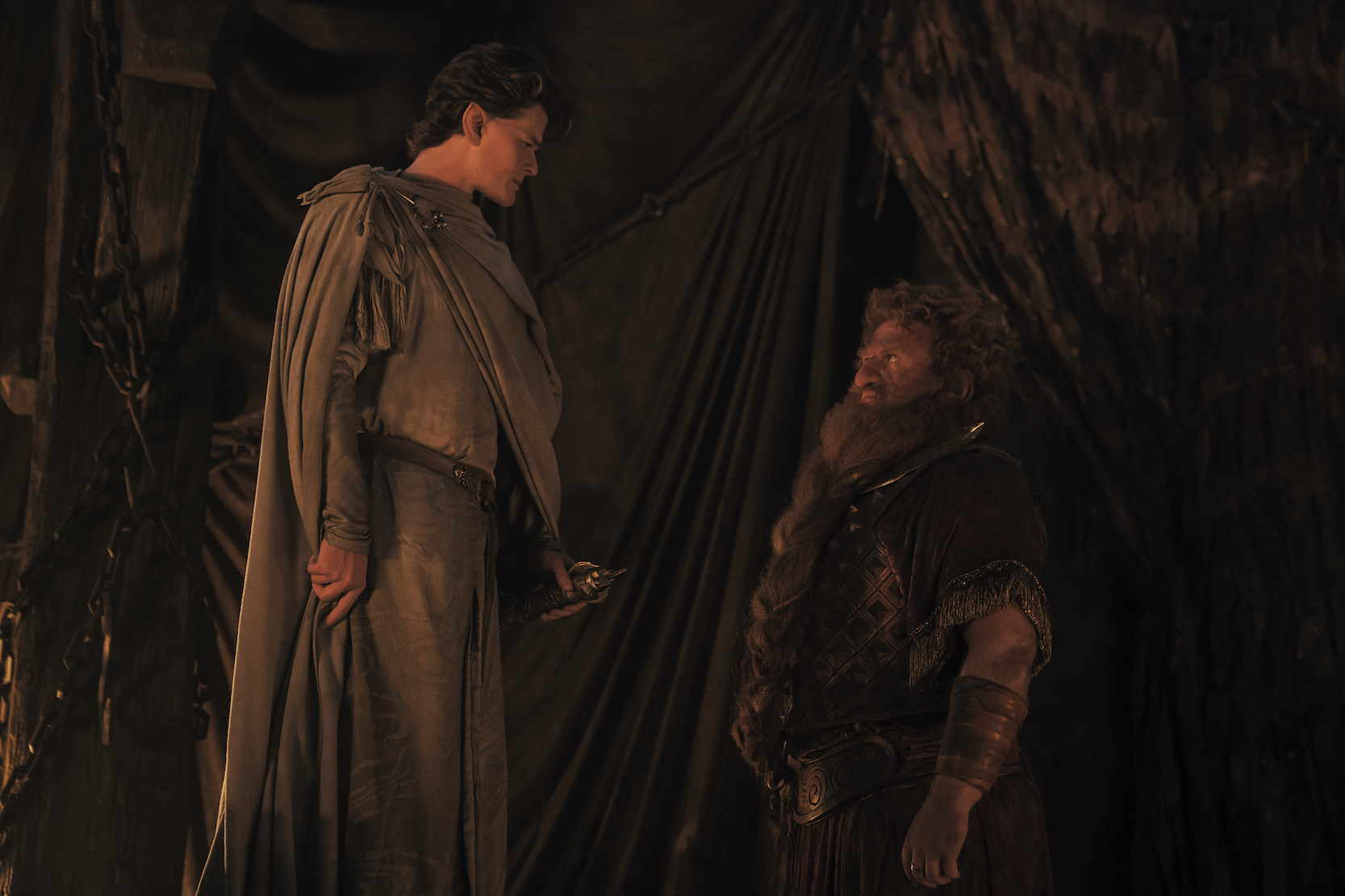 Robert Aramayo as Elrond and Owain Arthur as Durin in Lord of the Rings: The Rings of Power