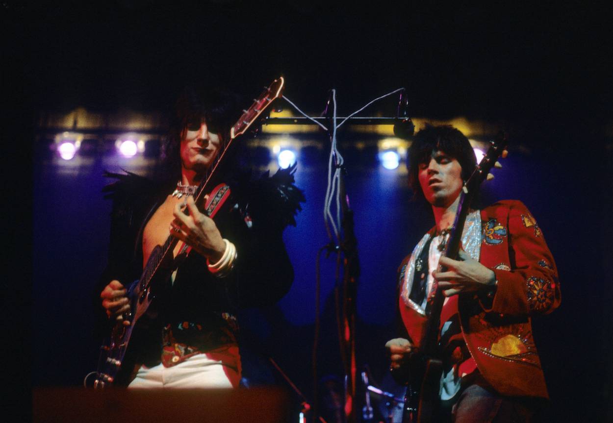 Ronnie Wood (left) and Keith Richards during a 1974 Rolling Stones concert.