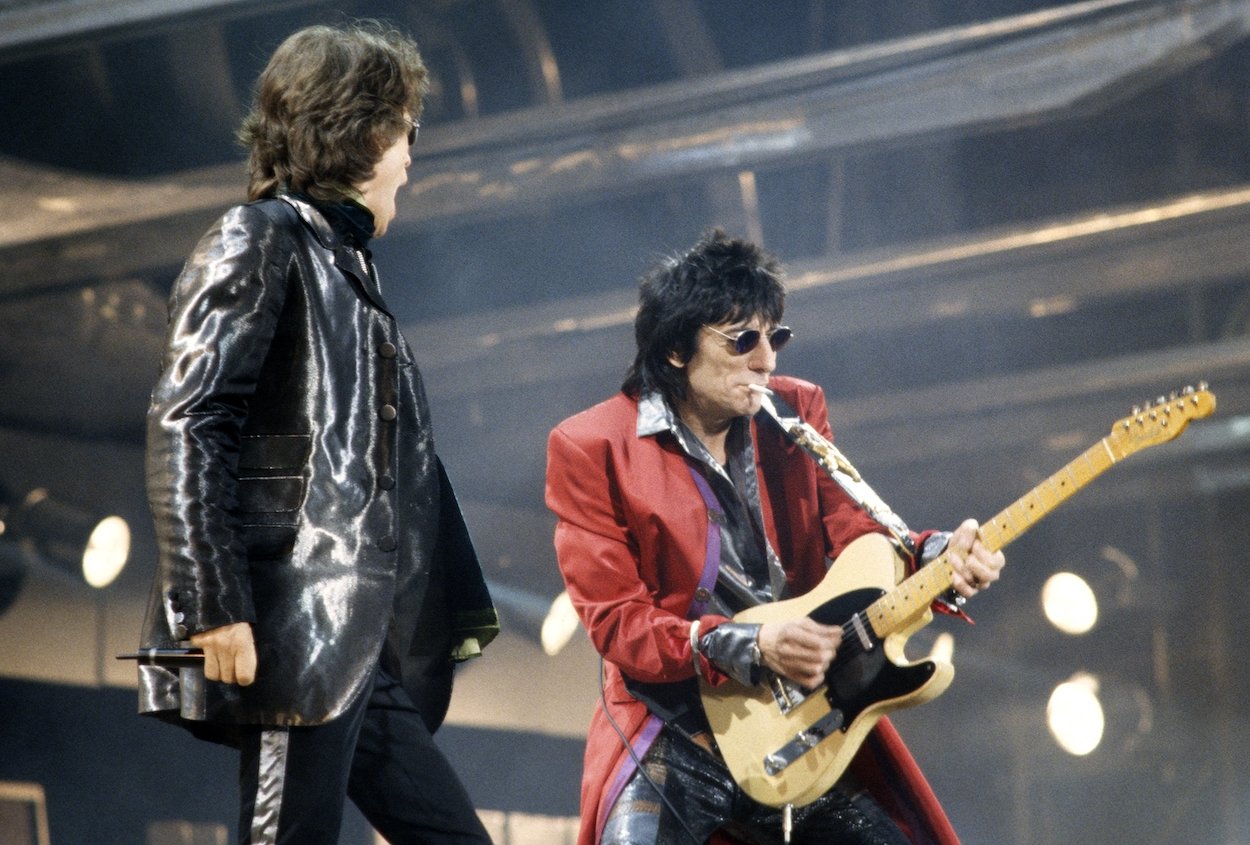 Ronnie Wood (right) and Mick Jagger of The Rolling Stones perform during a 1997 concert. Wood helped write one of The Rolling Stones' biggest hits years before he actually joined the band.