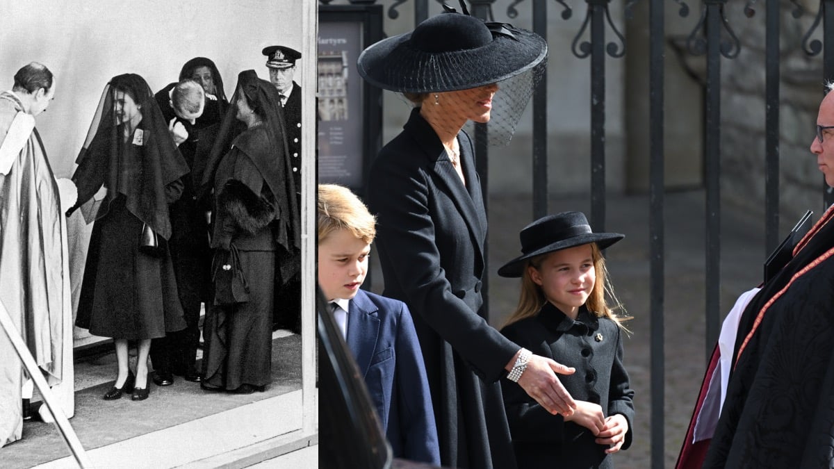 (L) Queen Elizabeth II shakes hands with Eric Hamilton, Dean of Windsor (1890 - 1962, left) at the funeral of her father King George VI (R) : Prince George of Wales, Catherine, Princess of Wales and Princess Charlotte of Wales during the State Funeral of Queen Elizabeth II