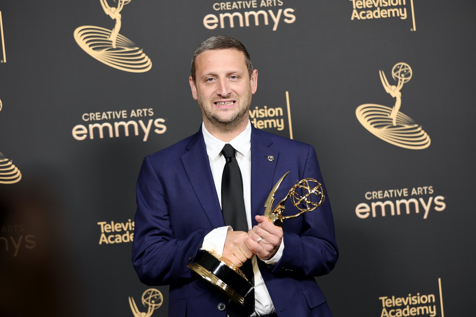 Former SNL writer and cast member Tim Robinson poses with the Emmy he won for 'I Think You Should Leave'