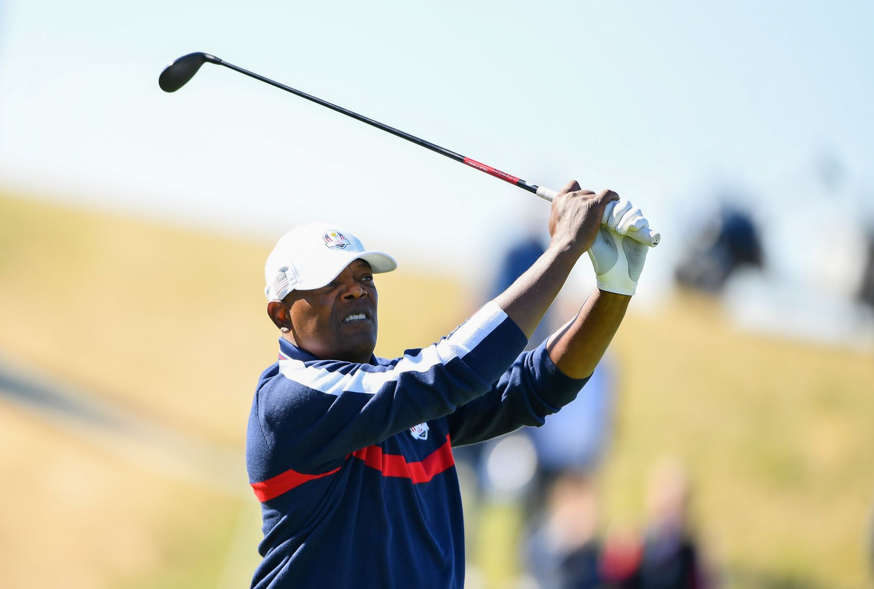 Samuel L. Jackson playing golf at the 2018 Ryder Cup at Le Golf National in Paris, France