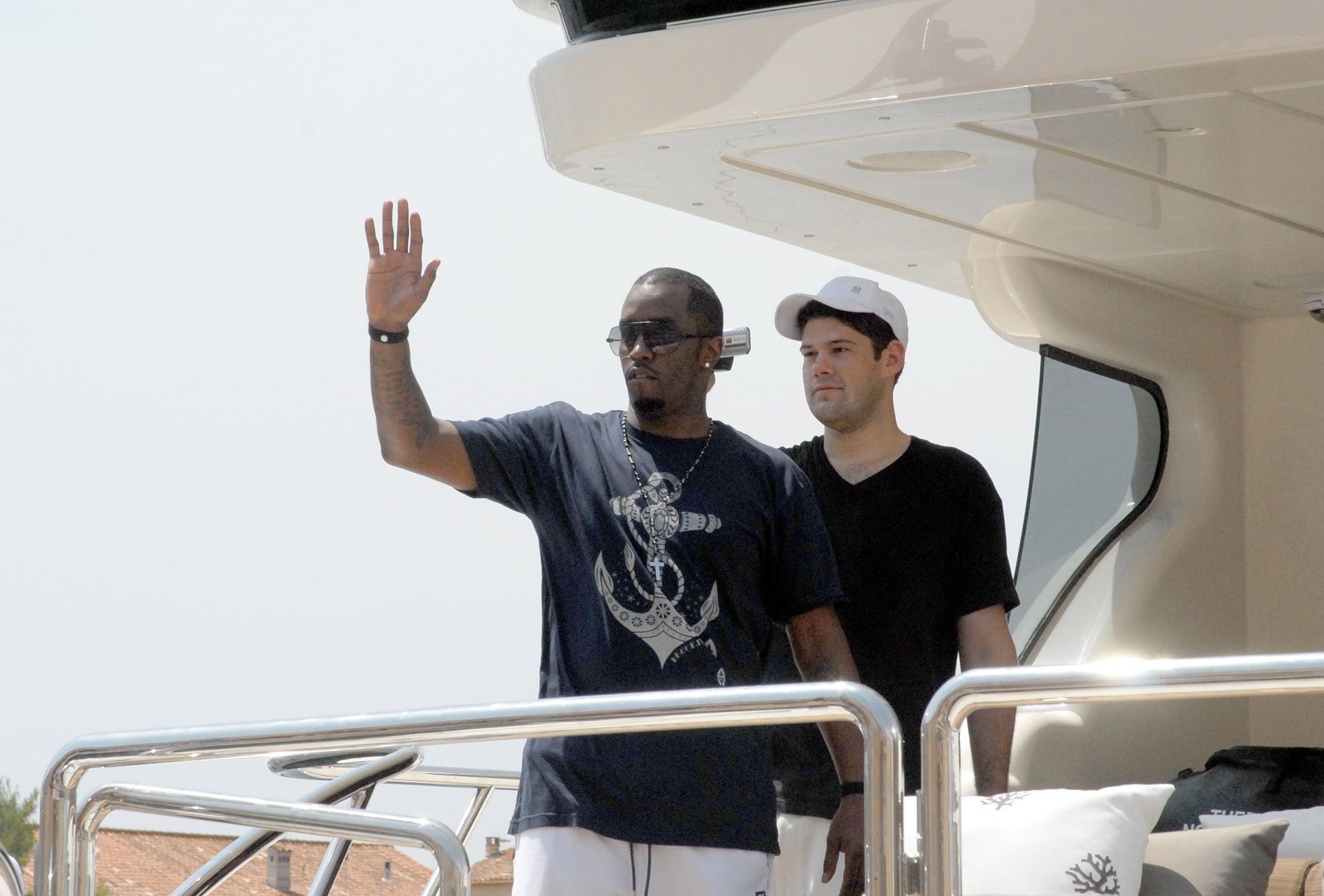 Sean P. Diddy Combs on his yacht in St. Tropez Harbor in France