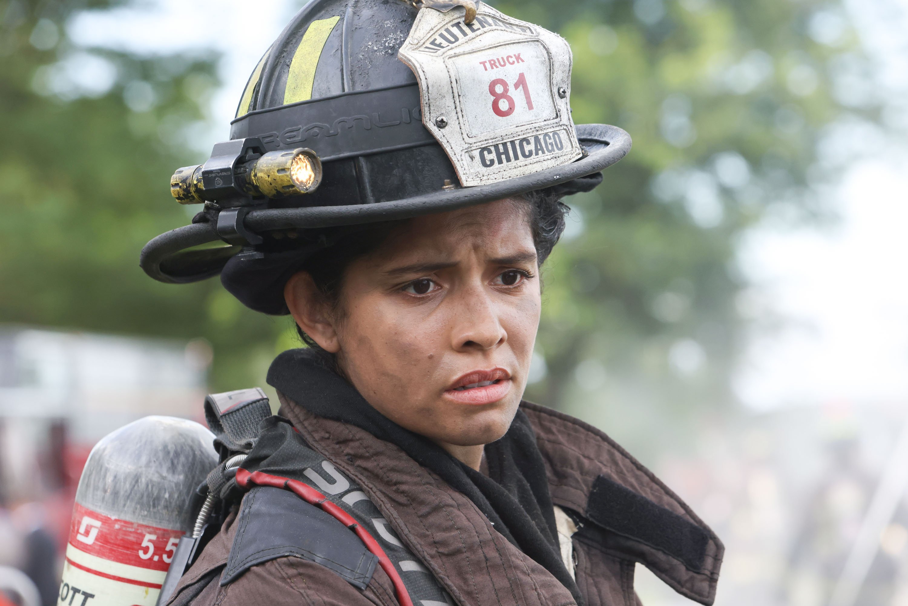 Stella Kidd wearing a helmet in the 'Chicago Fire' Season 11 premiere