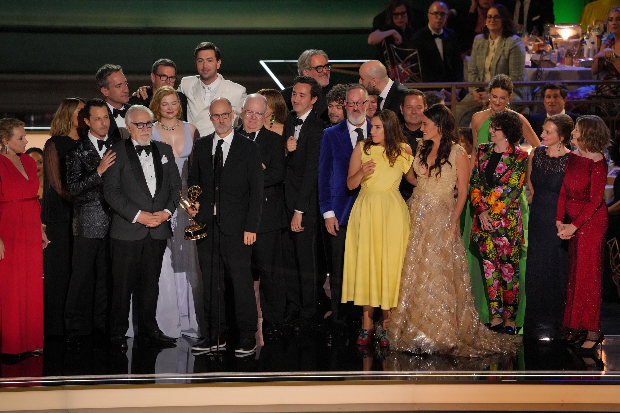 Jesse Armstrong delivers the acceptance speech for 'Succession' at the 74th Primetime Emmy Awards with the rest of the cast and crew
