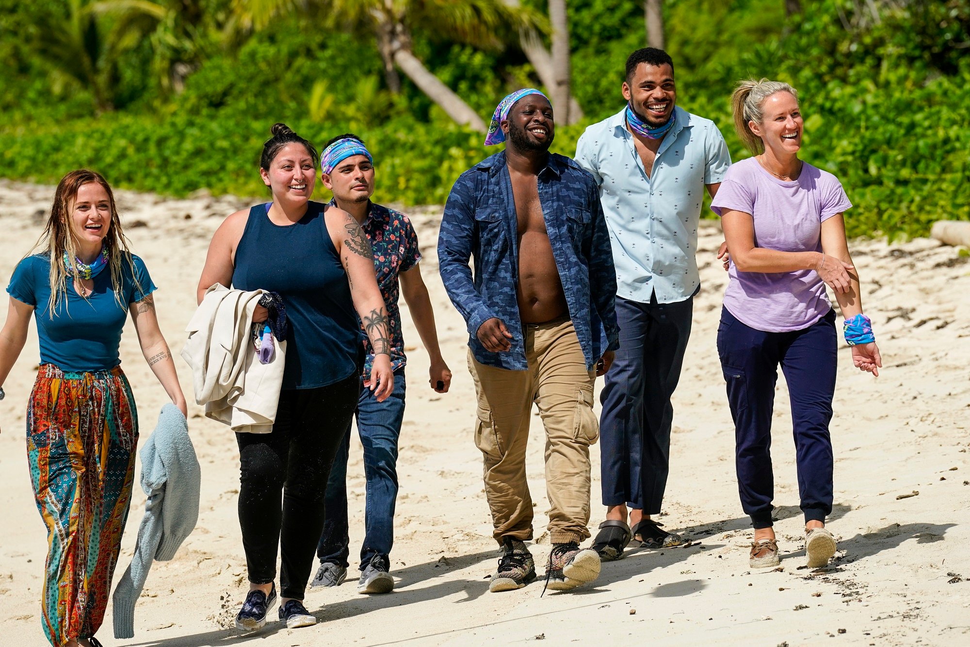 'Survivor' Season 43 Coco Tribe: Cassidy Clark, Karla Cruz Godoy, Geo Bustamante, James Jones, Ryan Medrano and Lindsay Carmine walking together