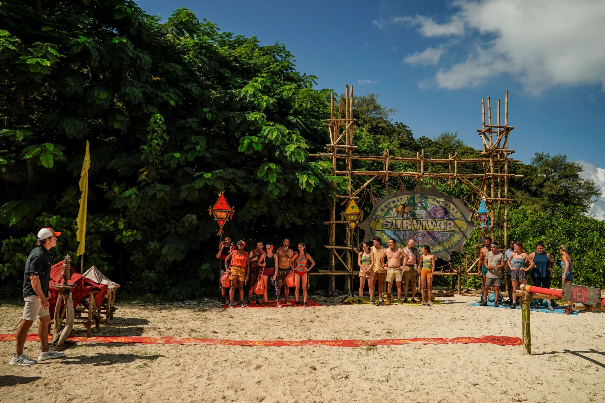 Host Jeff Probst explains a challenge to the 'Survivor' Season 43 castaways, who, according to spoilers, will face a storm in episode 2.