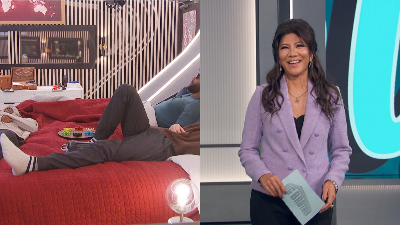 'Big Brother 24' houseguests Taylor Hale, Monte Taylor, and Matt 'Turner' lying in the bed; host Julie Chen Moonves standing outside the house