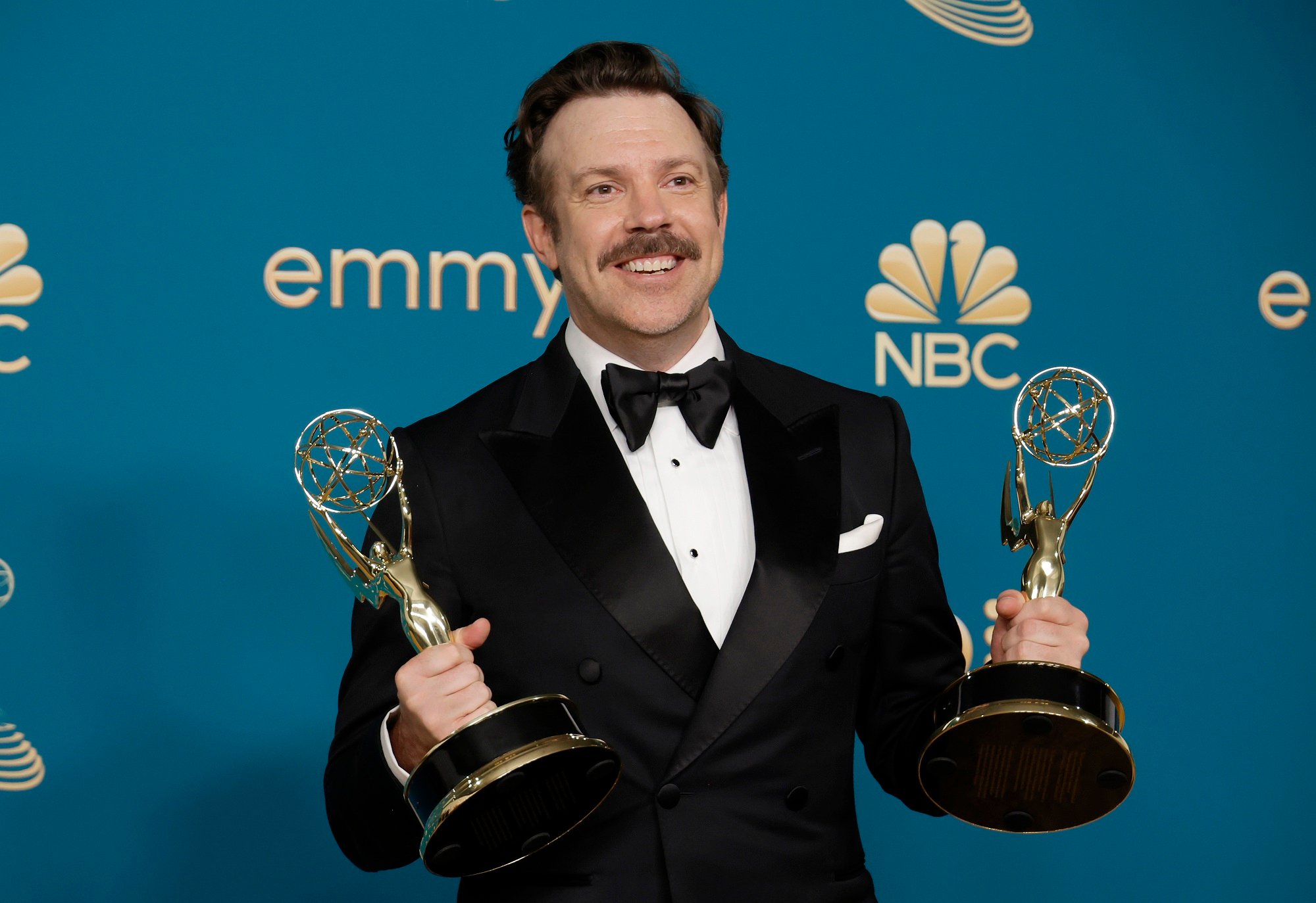 Jason Sudeikis holds his two Emmys for 'Ted Lasso' at the 74th Primetime Emmy Awards