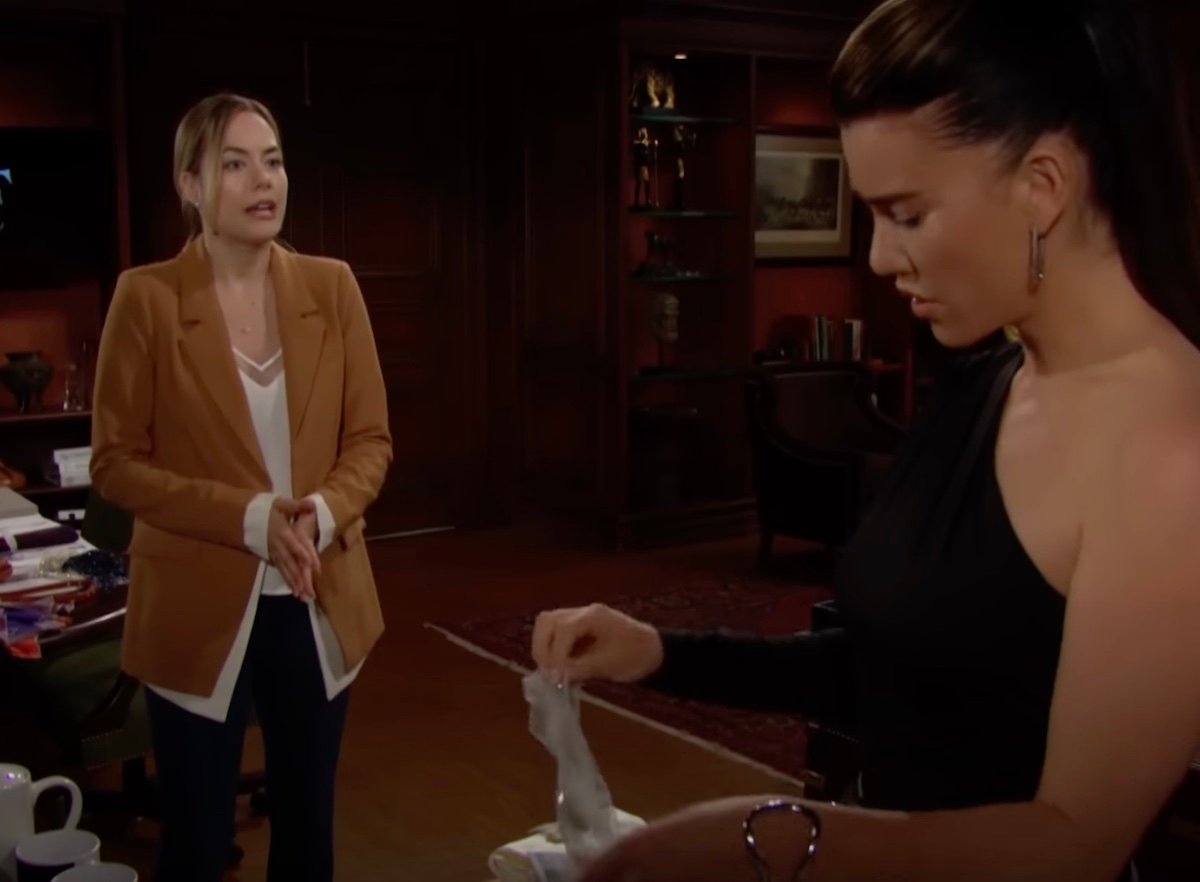 Hope and Steffy argue during a scene for The Bold and the Beautiful