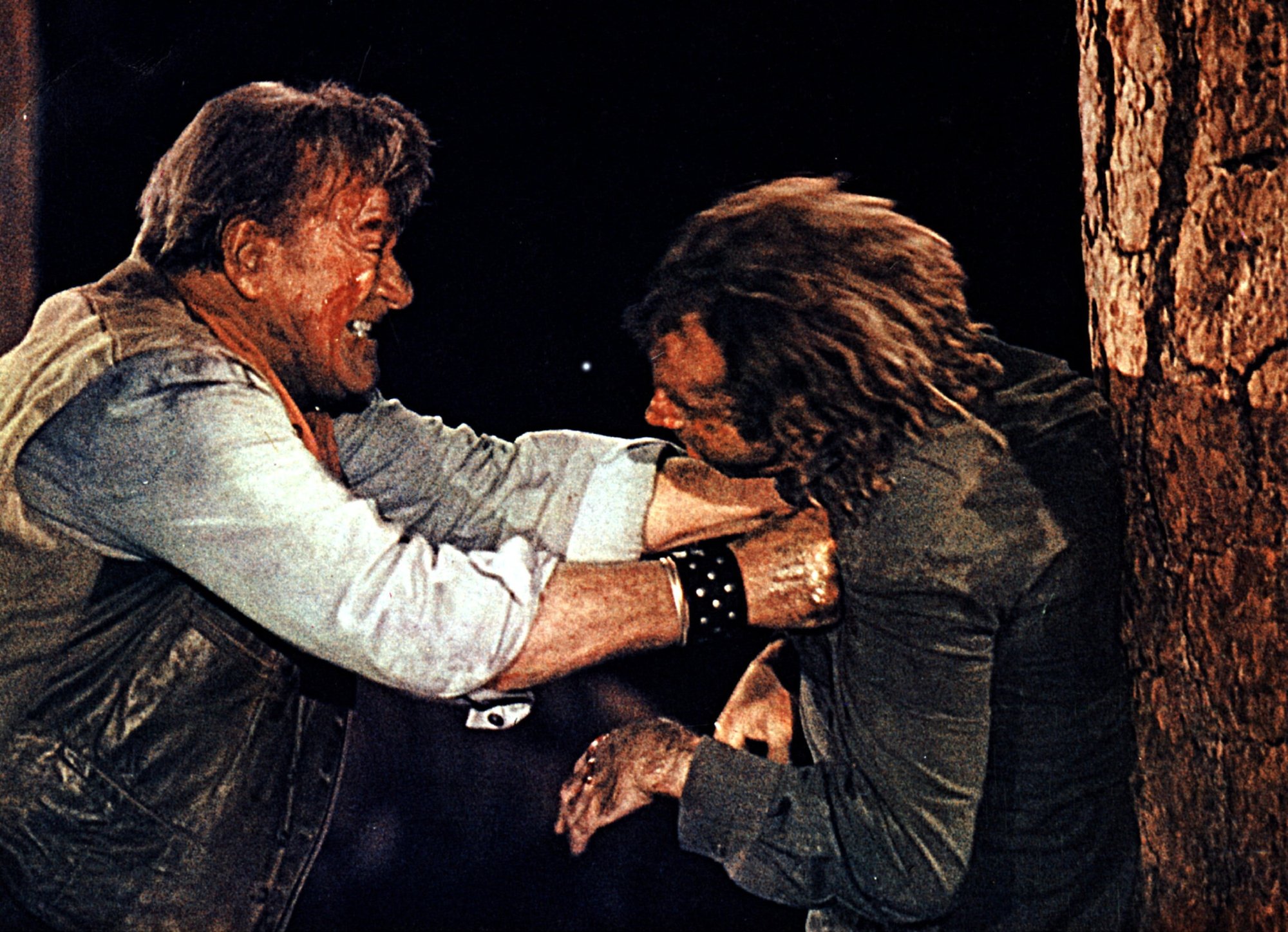 „The Cowboys“ John Wayne als Wil Andersen und Bruce Dern als Long Hair. Wayne schlägt Dern gegen einen Baum, beide tragen westliche Kleidung und werden zusammengeschlagen.