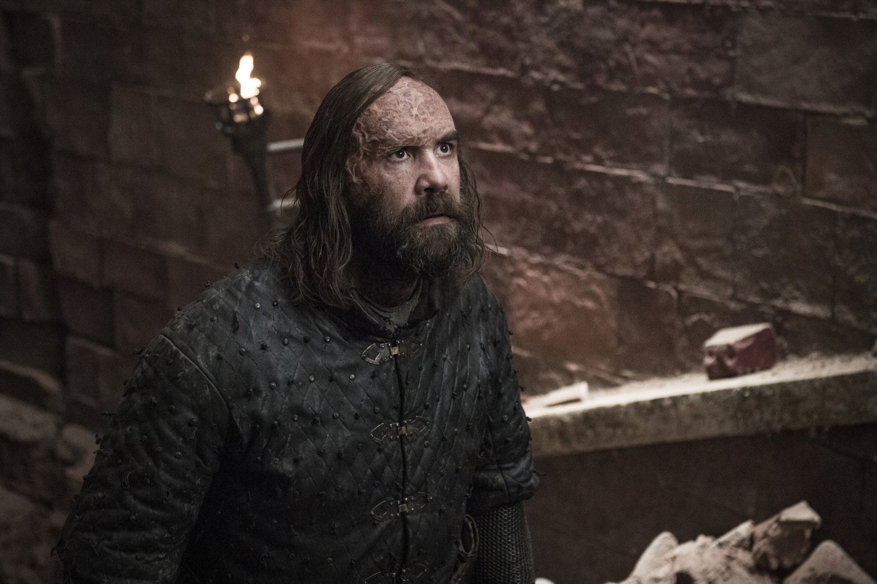 Rory McCann as The Hound in 'Game of Thrones' Season 8 for our article about which fan theories came true. He's wearing black and looking up at something.