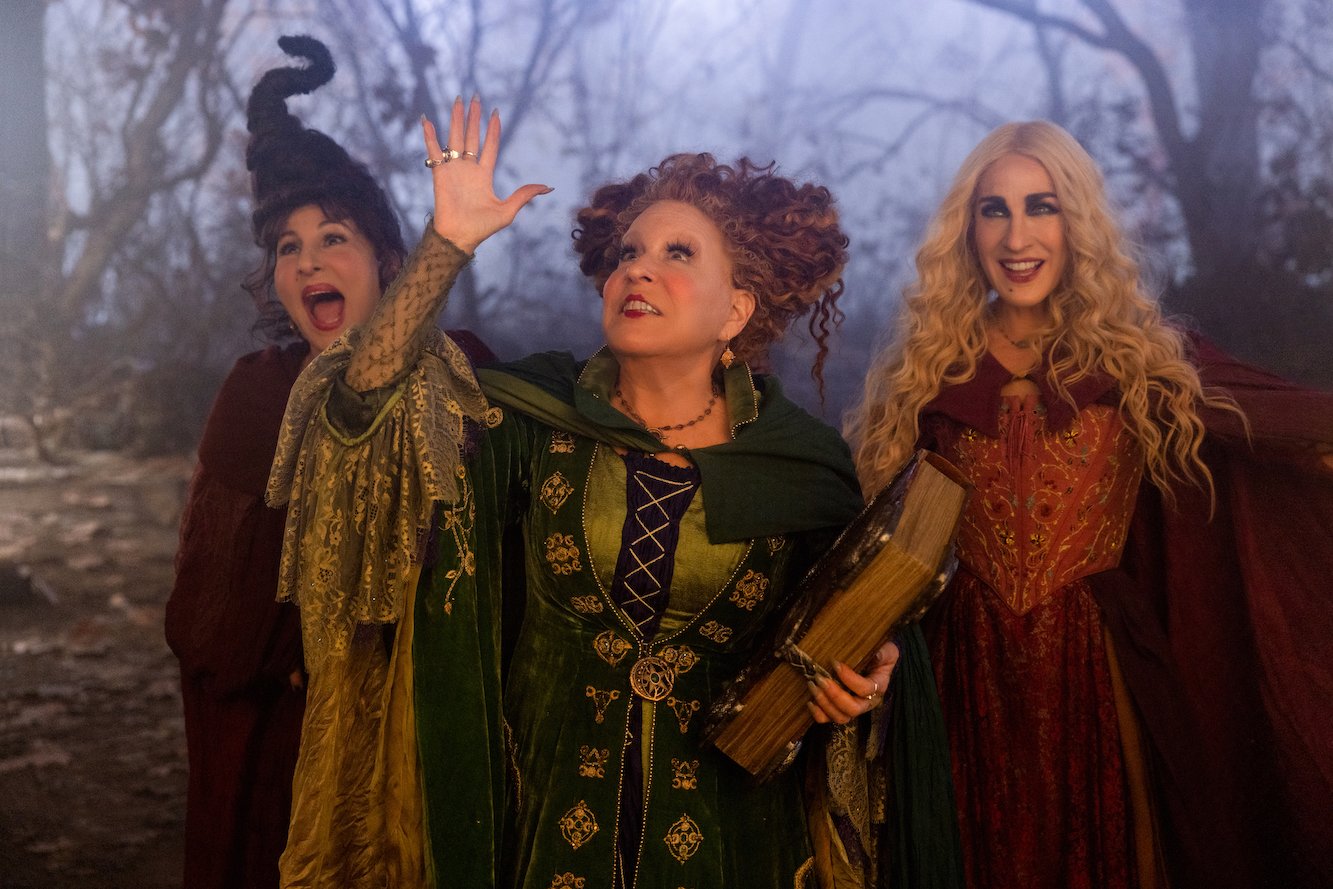 Kathy Najimy as Mary Sanderson, Bette Midler as Winifred Sanderson, and Sarah Jessica Parker as Sarah Sanderson in Hocus Pocus 2 on Disney+