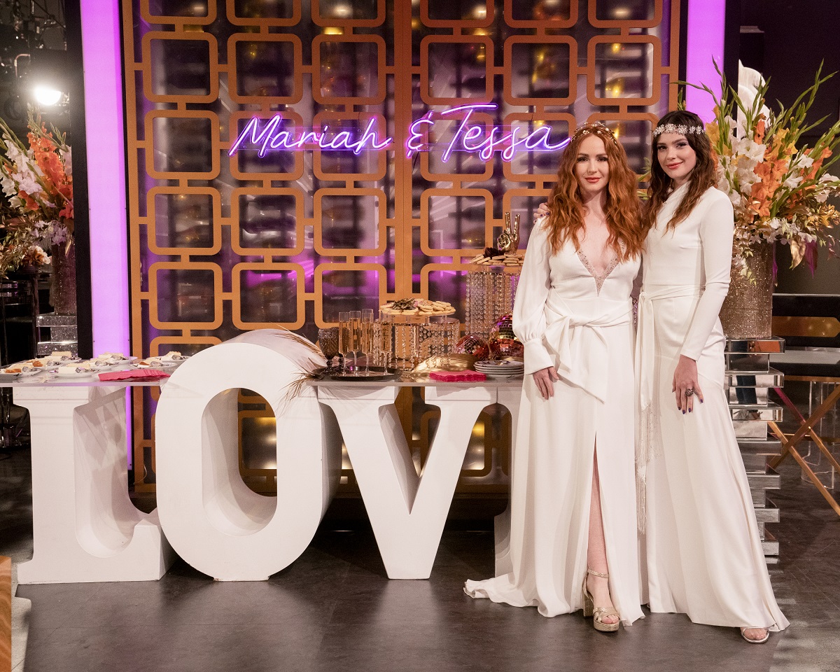 'The Young and the Restless' stars Camryn Grimes and Cait Fairbanks wearing white wedding dresses on set of the CBS soap opera.
