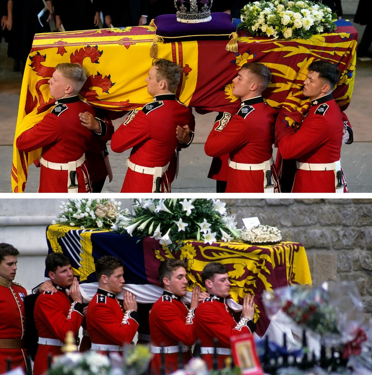 (Top) Queen Elizabeth's coffin being carried into Westminster, (Bottom) Princess Diana's coffin being from Westminster Abbey
