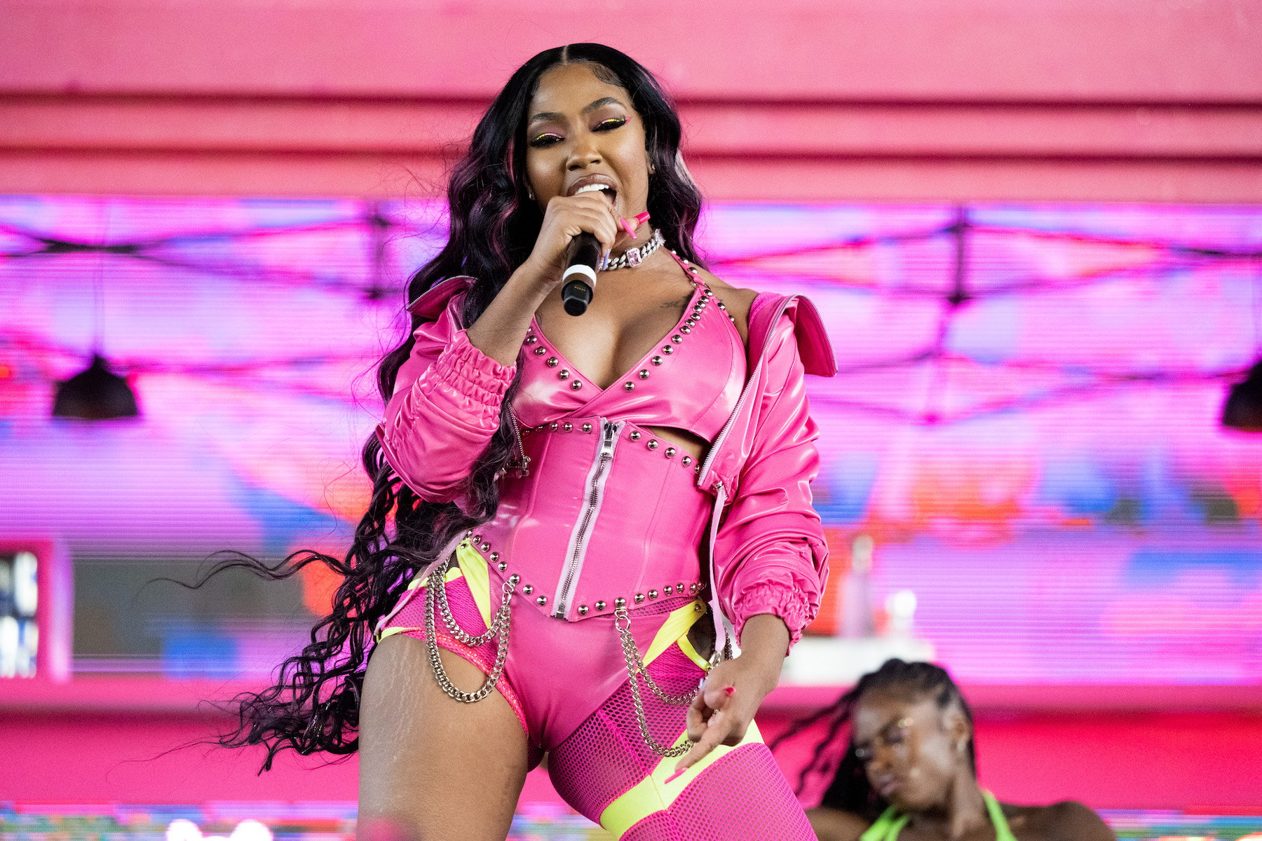 Yung Miami, who has been romantically linked to Diddym, performing in pink at Coachella