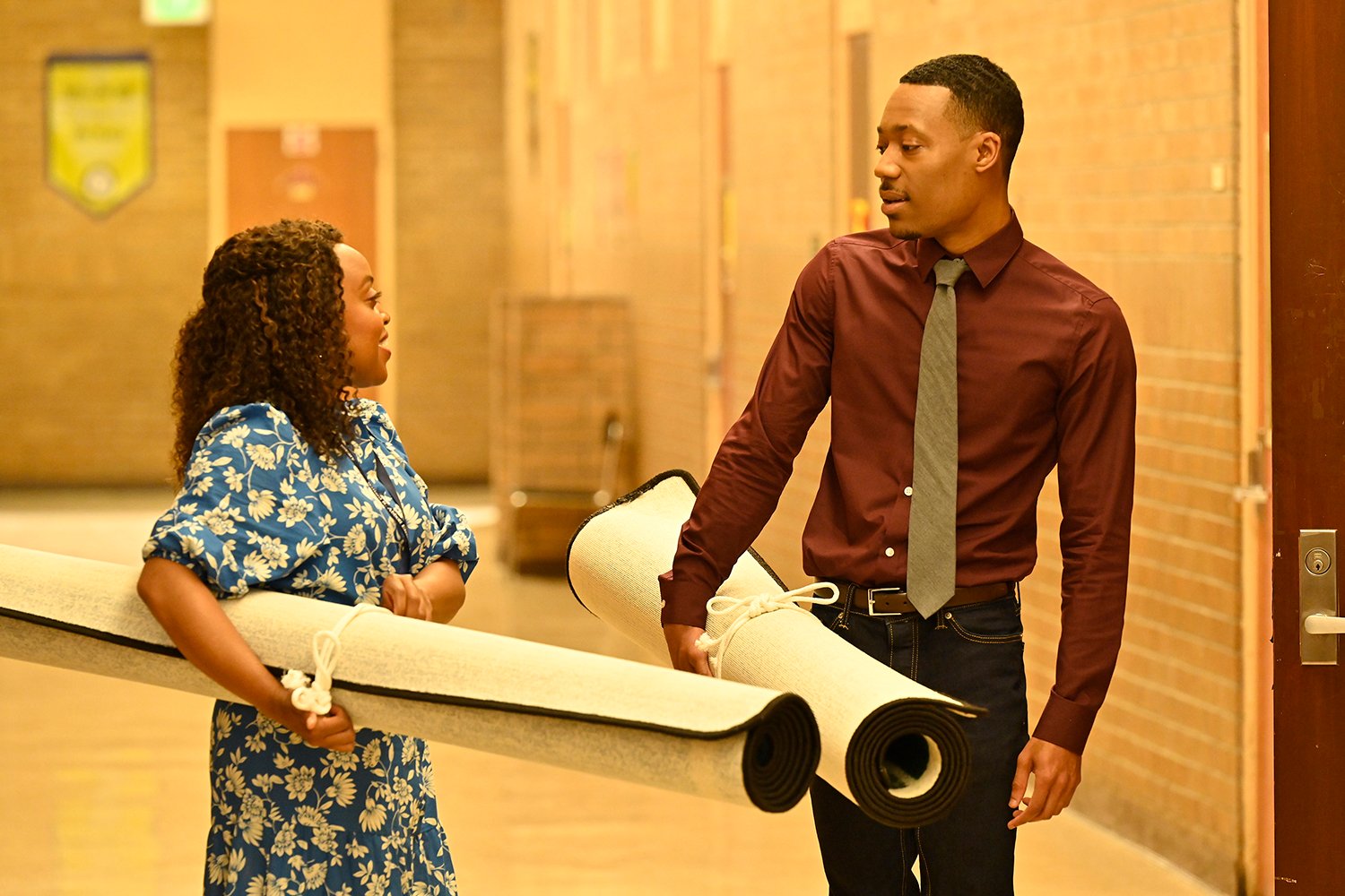 Quinta Brunson as Janine and Tyler James Williams as Gregory on Abbott Elementary