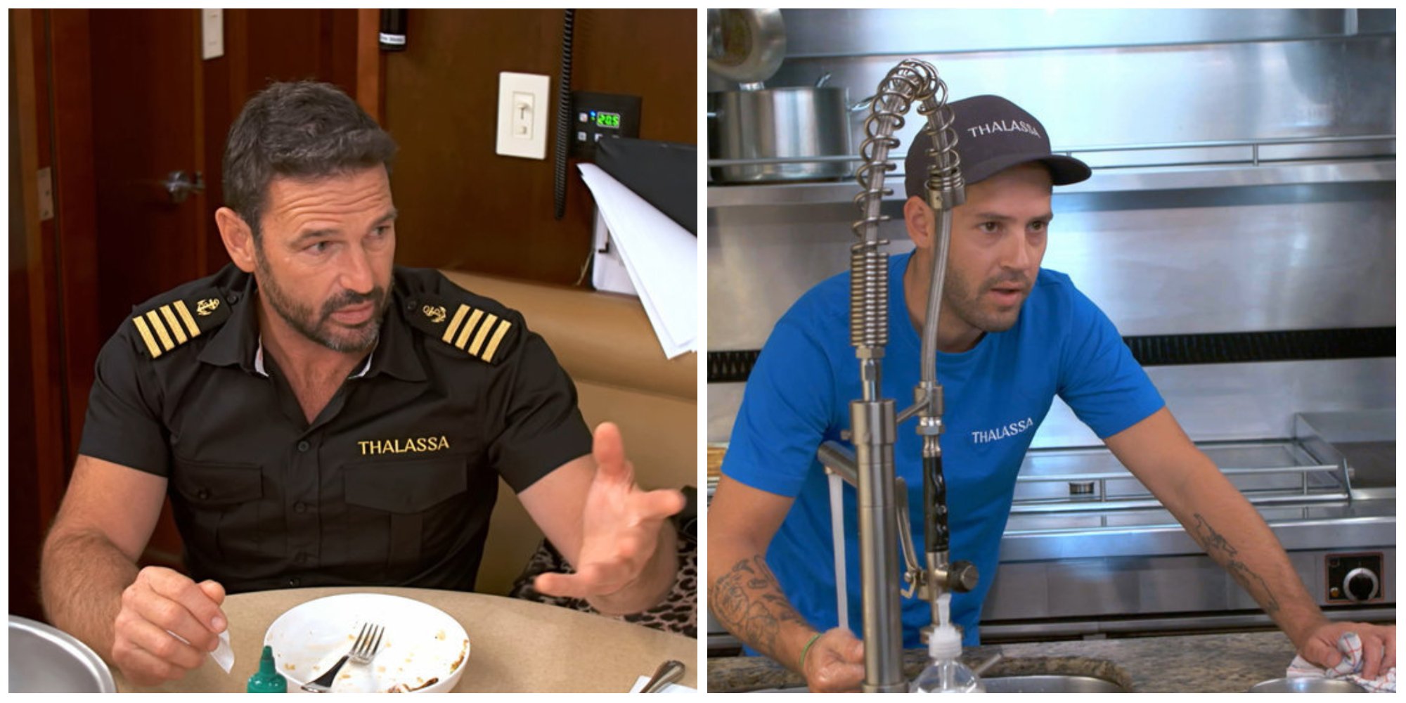 Captain Jason Chambers gestures at a crew member, meanwhile chef Ryan McKeown wipes down counters