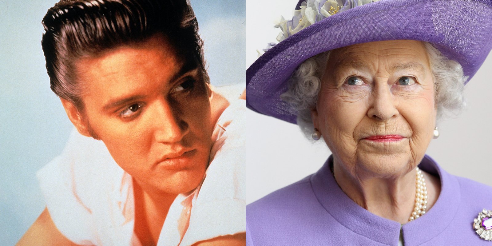 Elvis Presley and Queen Elizabeth in side by side photographs.