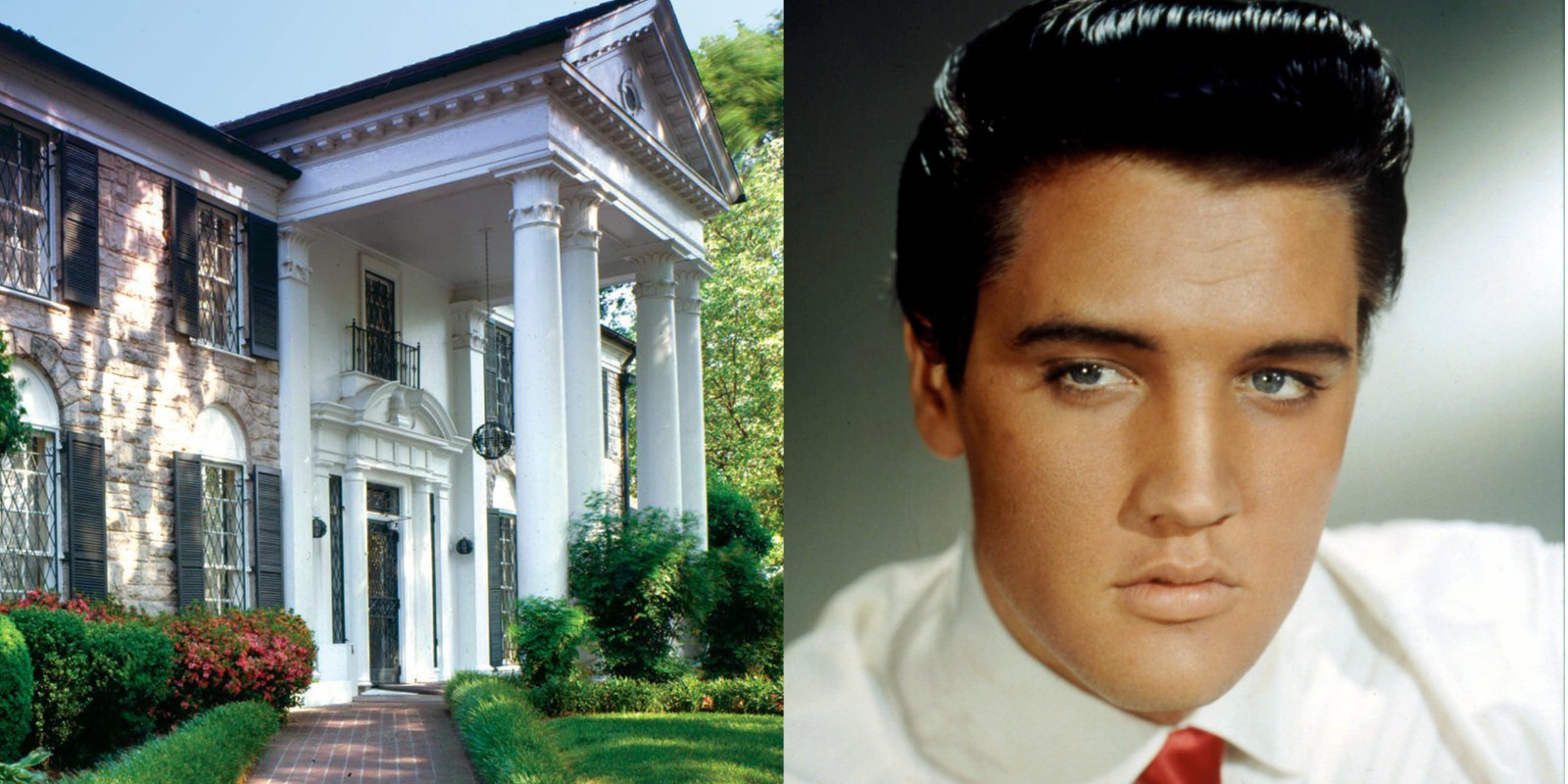 Side by side photographs of Graceland Mansion and Elvis Presley, its owner.
