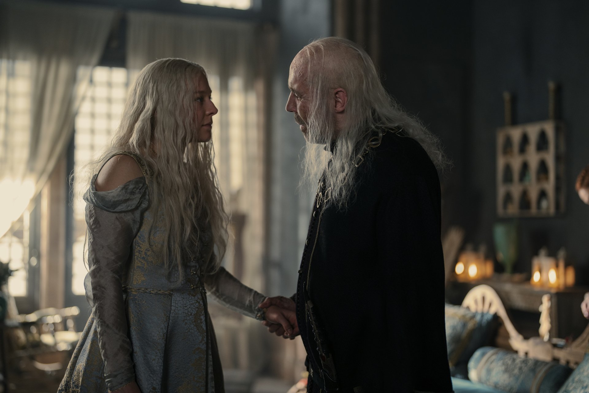 Thaenyra Targaryen (Emma D'Arcy) and Viserys (Paddy Considine) in 'House of the Dragon' Episode 6, which features a significant time jump