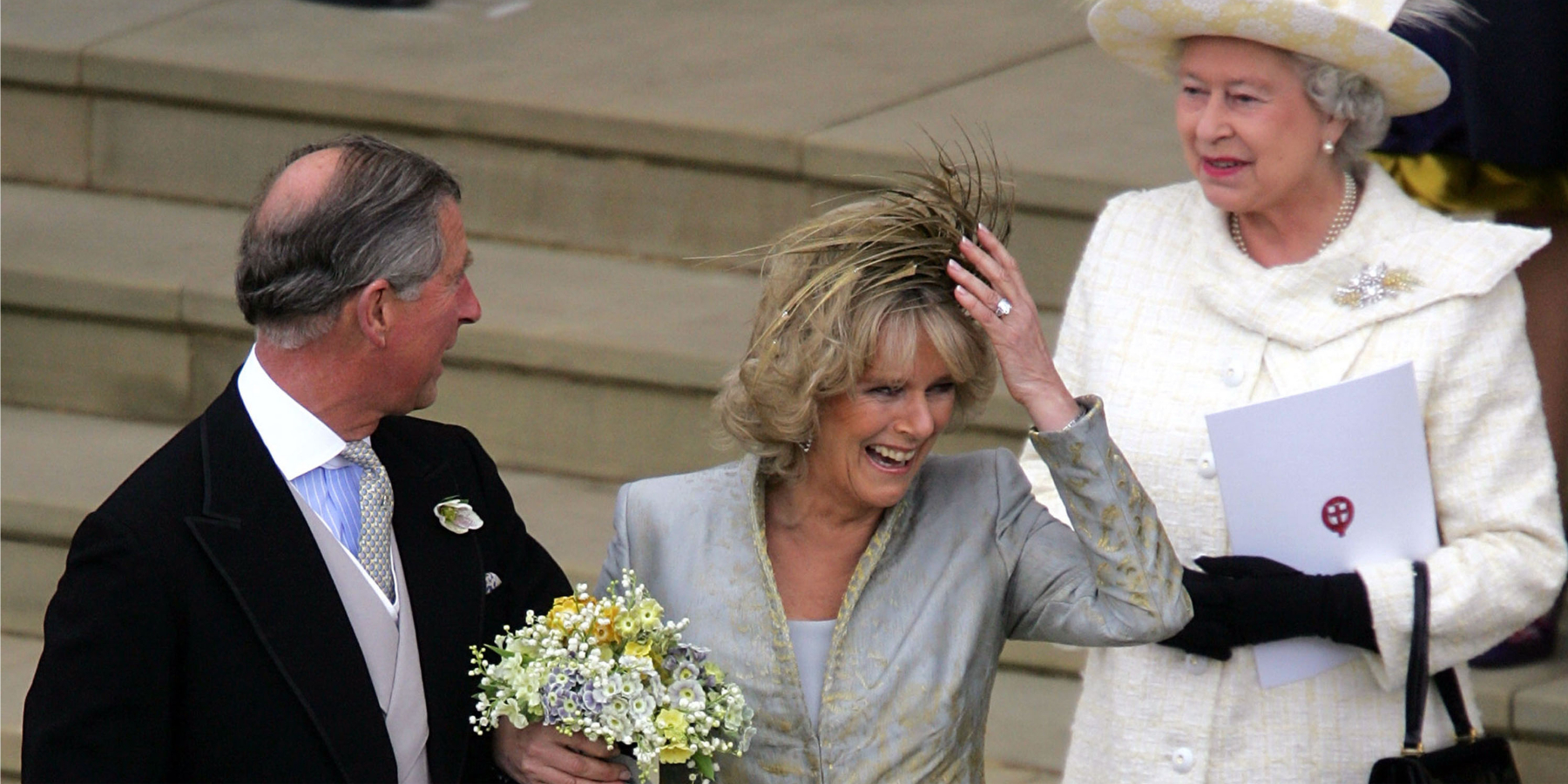 King Charles III, Camilla Parker Bowles, and Queen Elizabeth II on the couple's 2005 wedding day.