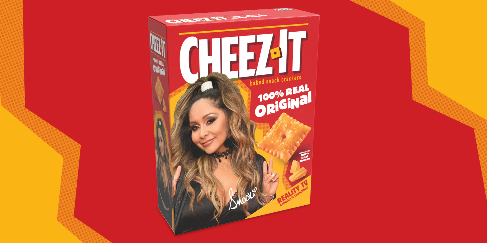Nicole Polizzi poses on a box of cheez-it as one of its first reality stars featured on the snack product.