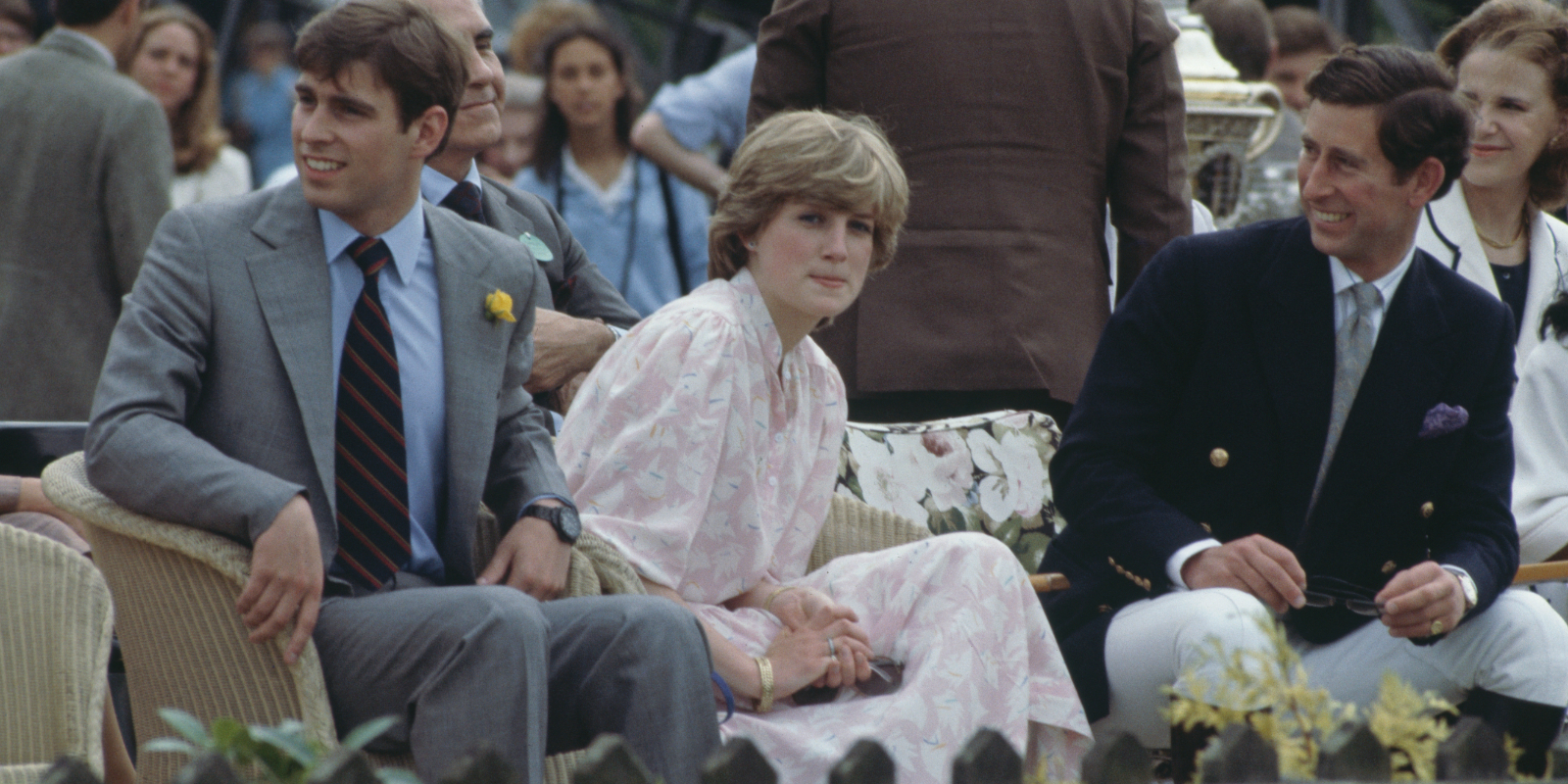 Prince Andrew, Princess Diana and Prince Charles attend the Cartier International polo match on Smith's Lawn, Windsor, three days before their July 1981 wedding.