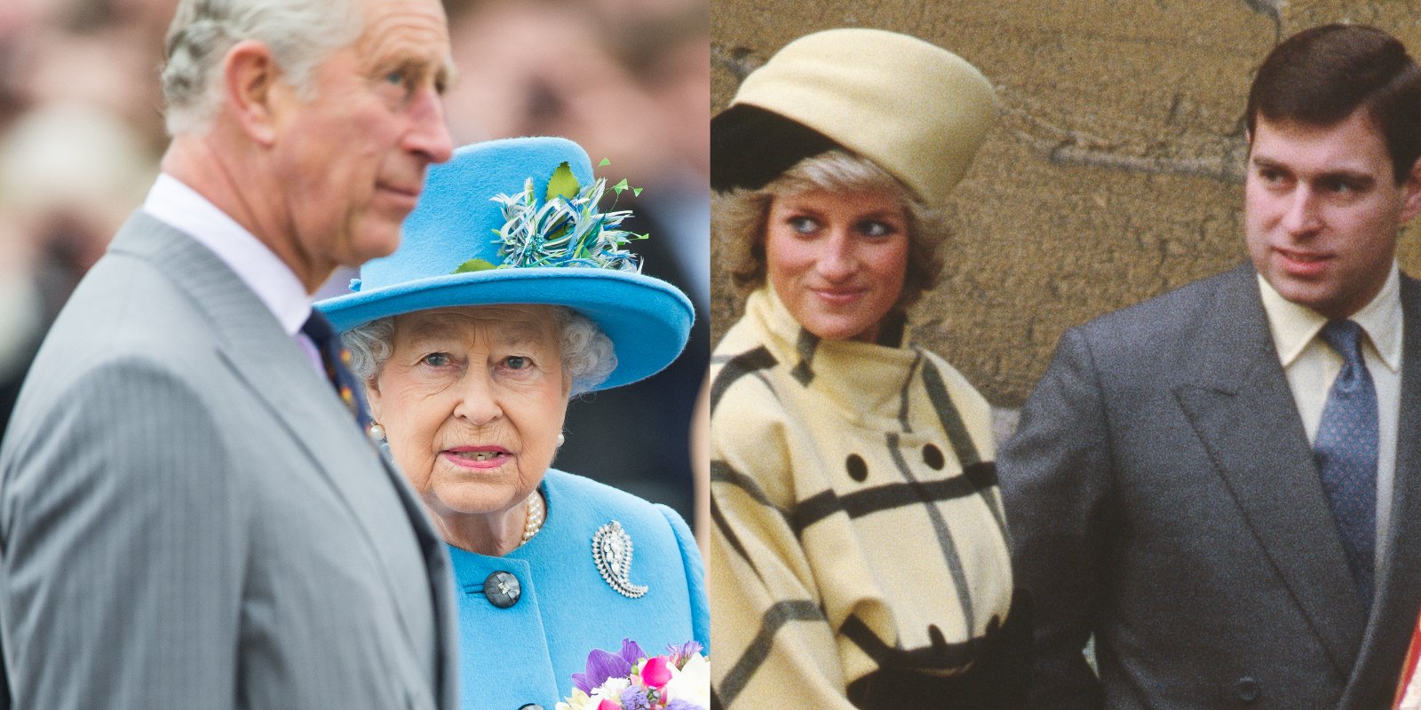 Prince Charles, Queen Elizabeth, Princess Diana and Prince Andrew in side by side photographs.