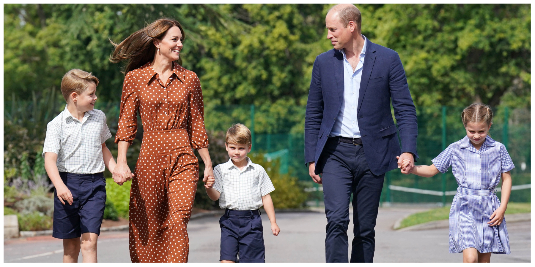 Prince George, Kate Middleton, Prince Louis, Prince William, and Princess Charlotte walk to their first day of school in Sept. 2022.