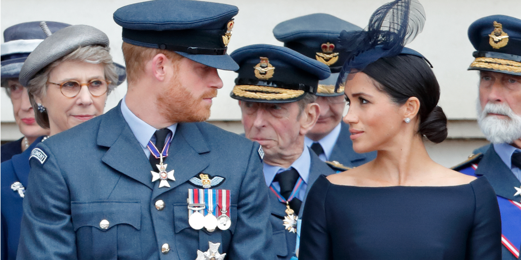 Prince Harry and Meghan Markle attend a ceremony to mark the centenary of the Royal Air Force on the forecourt of Buckingham Palace on July 10, 2018 in London, England.