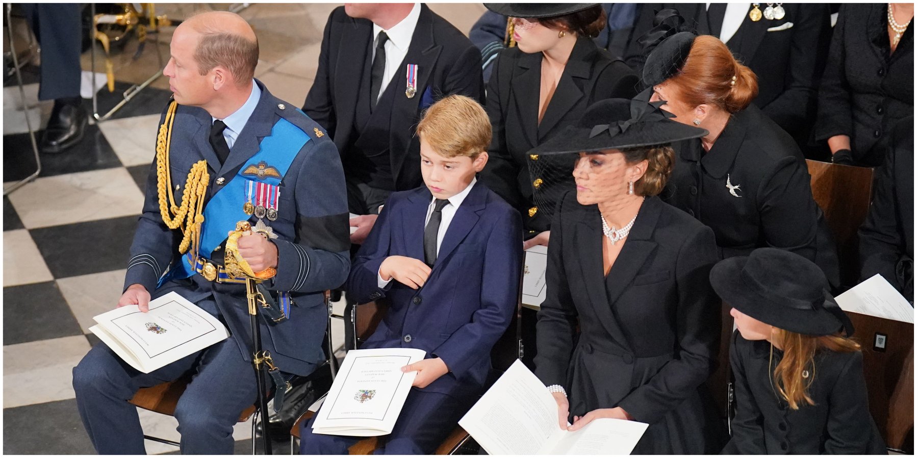 Prince William, Prince George, Kate Middleton, and Princess Charlotte at the funeral of Queen Elizabeth in 2022.