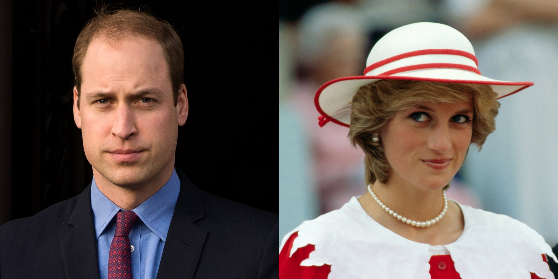 Prince William and Princess Diana in side by side photographs.