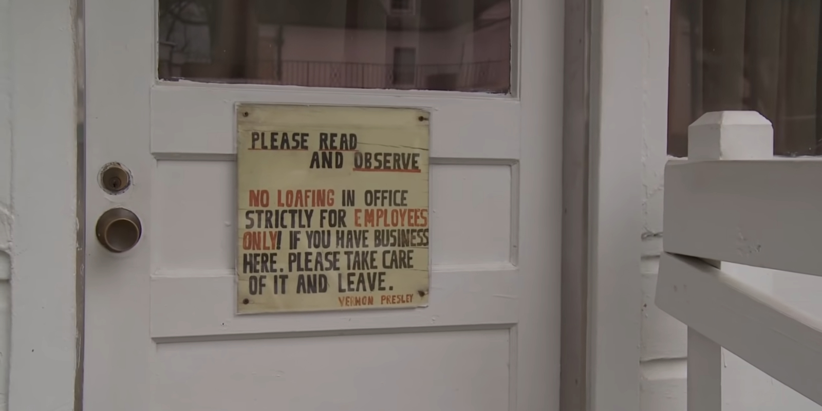 A sign outside of Vernon Presley's Graceland office shows the Presley patriarch was all business.
