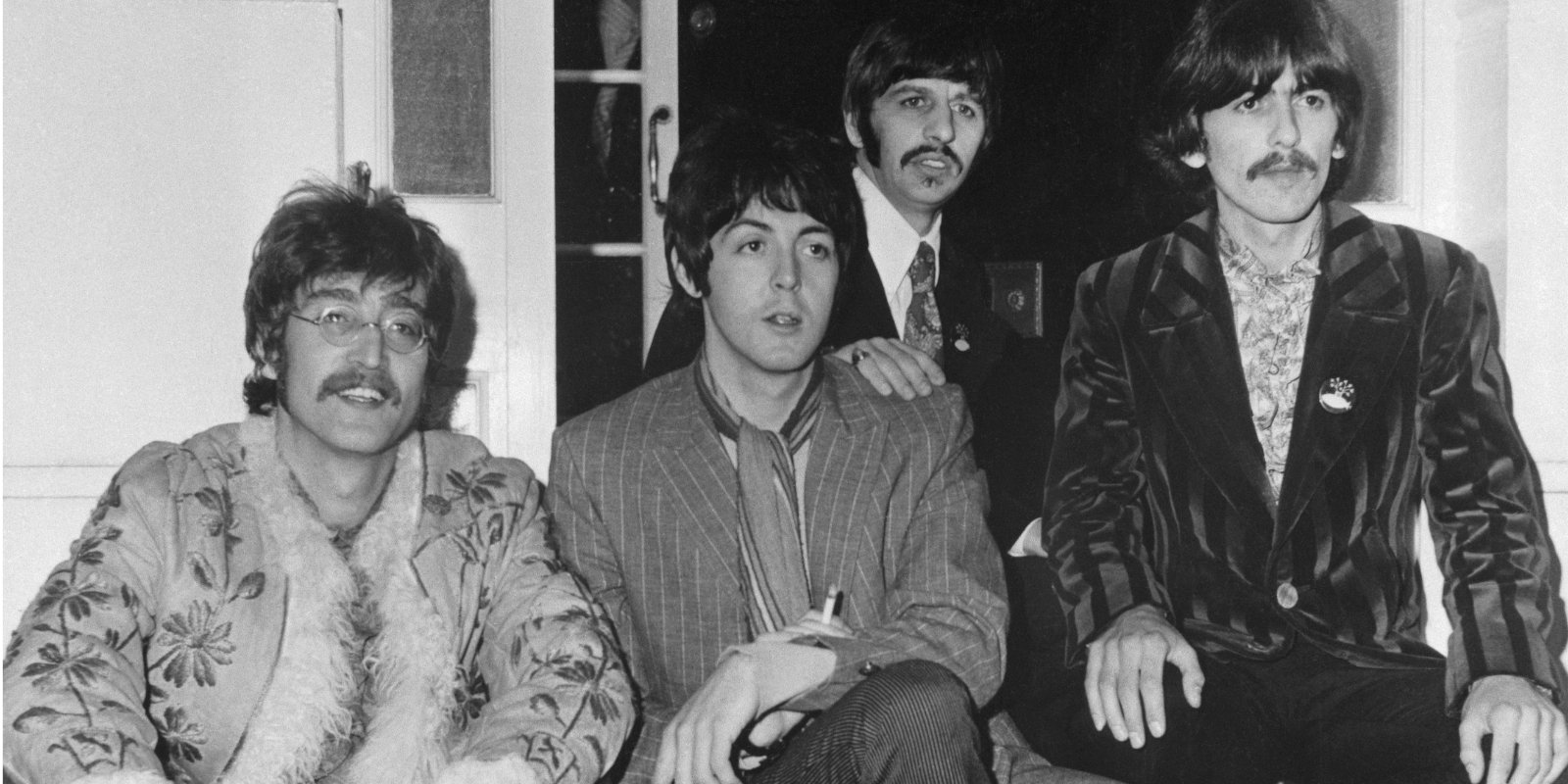 The Beatles at their manager Brian Epstein's home, 24 Chapel Street, London, for a press meeting and pre-listen to their upcoming album Sgt. Pepper's Lonely Hearts Club Band.