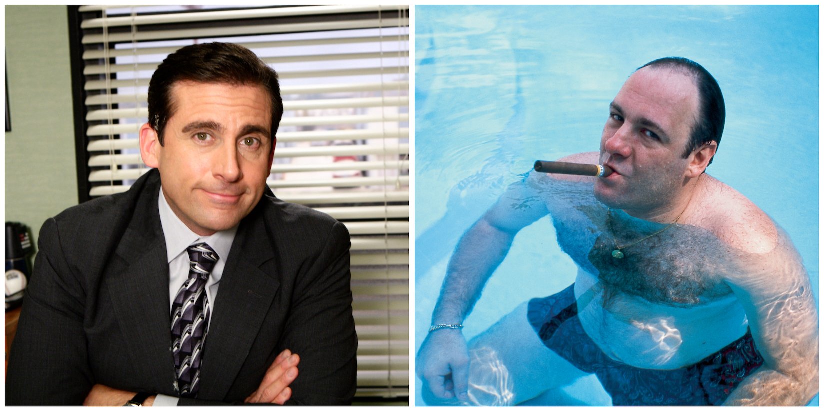 'The Office's Michael Scott (Steve Carell) poses at his desk; Tony Soprano (James Gandolfini) floats in his pool in 'The Sopranos'