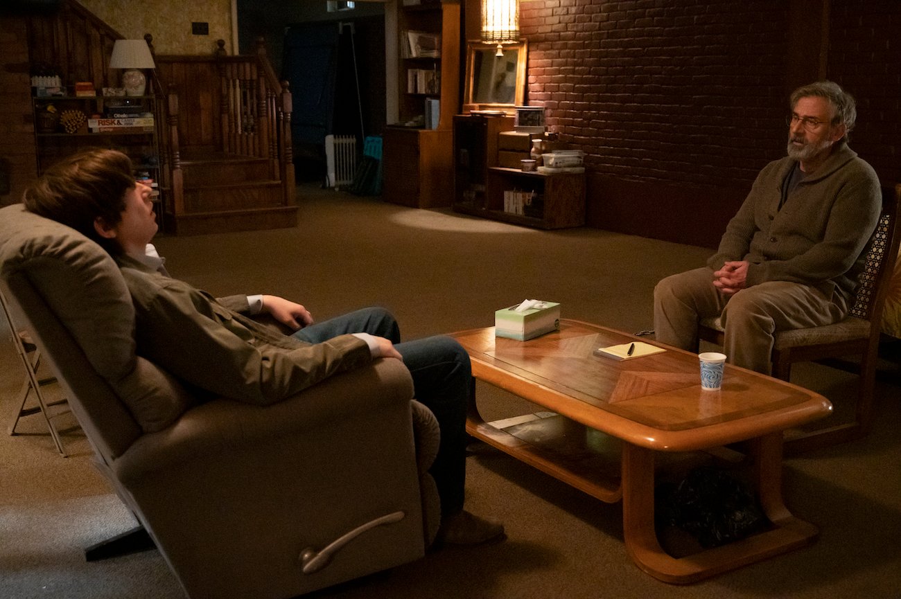 Sam (Domhnall Gleeson) sits with Alan (Steve Carell) for a basement therapy session in 'The Patient' Episode 5 'Pastitsio'