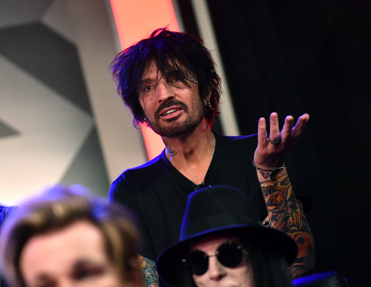 Tommy Lee of Mötley Crüe, who recently joined OnlyFans, speaks at a press conference