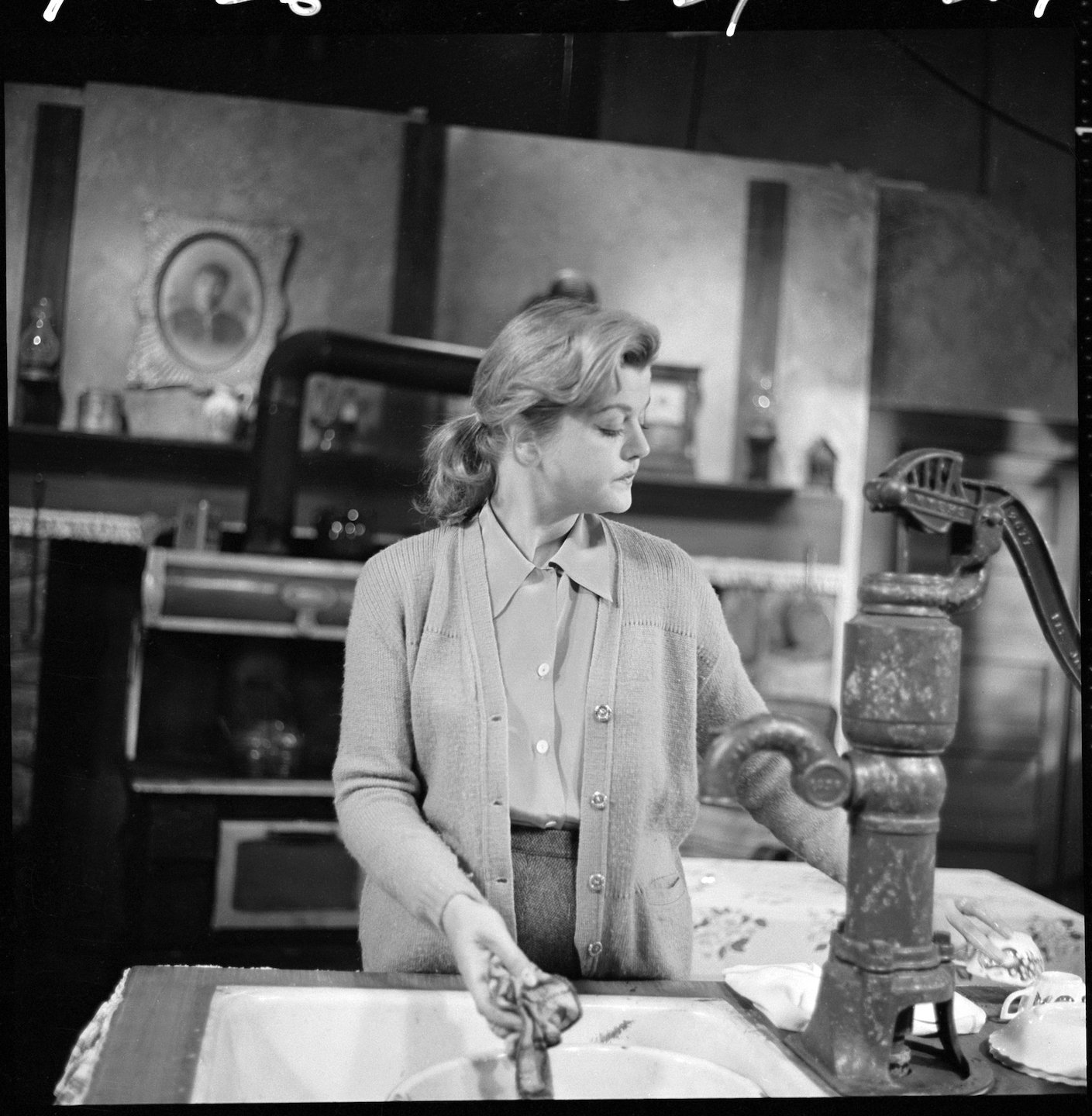 A black and white photo of 'Bury Me Later' featuring Angela Lansbury