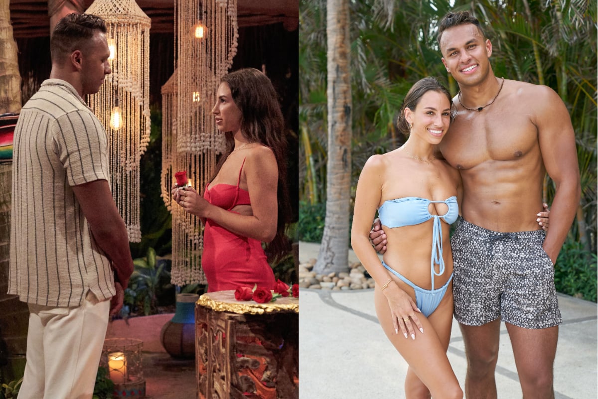 Genevieve Parisi and Aaron Clancy from Bachelor in Paradise. First photo: Genevieve gives Aaron a rose; Second photo: Genevieve and Aaron pose for a photo wearing swim suits.